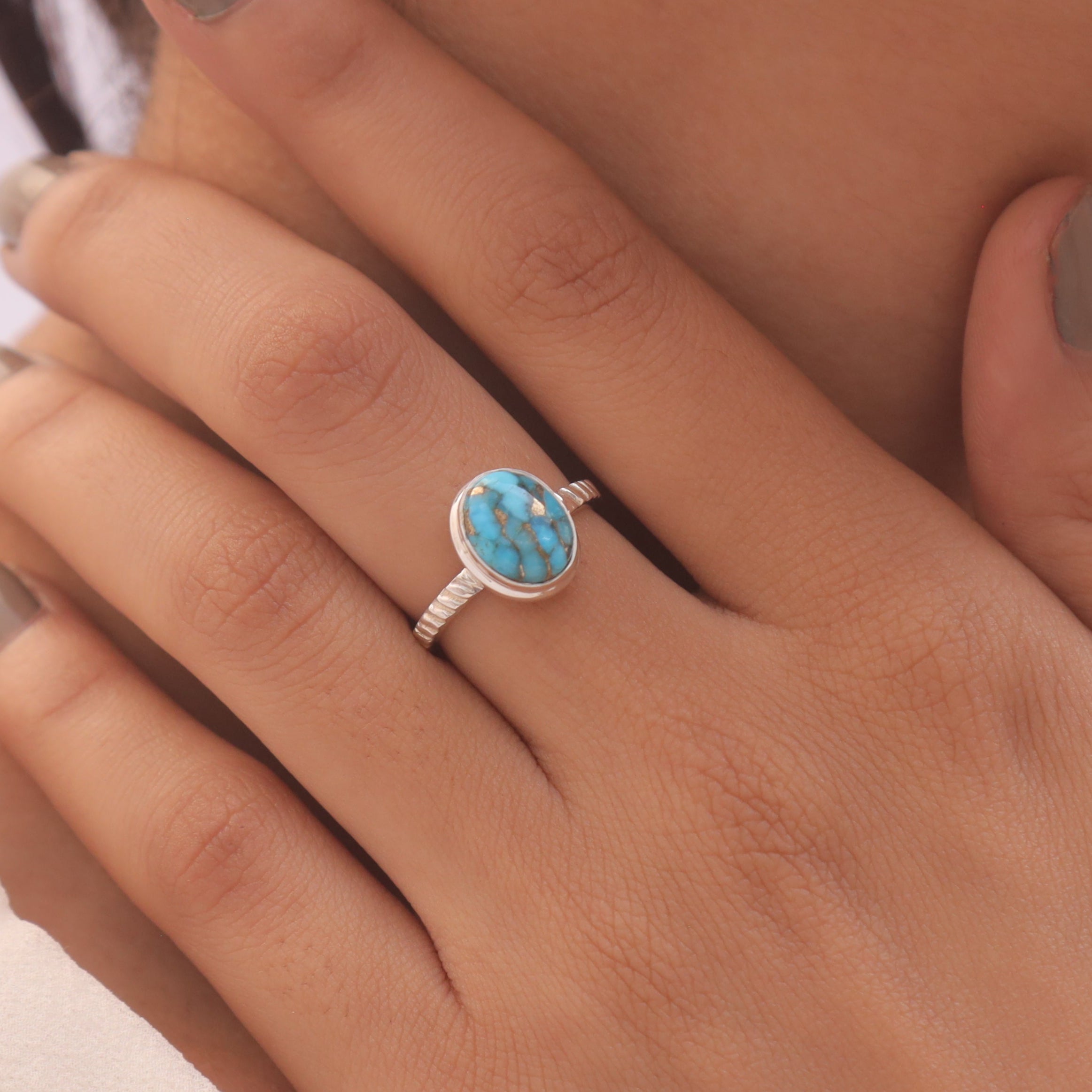 Blue Copper Turquoise Solid Silver Ring