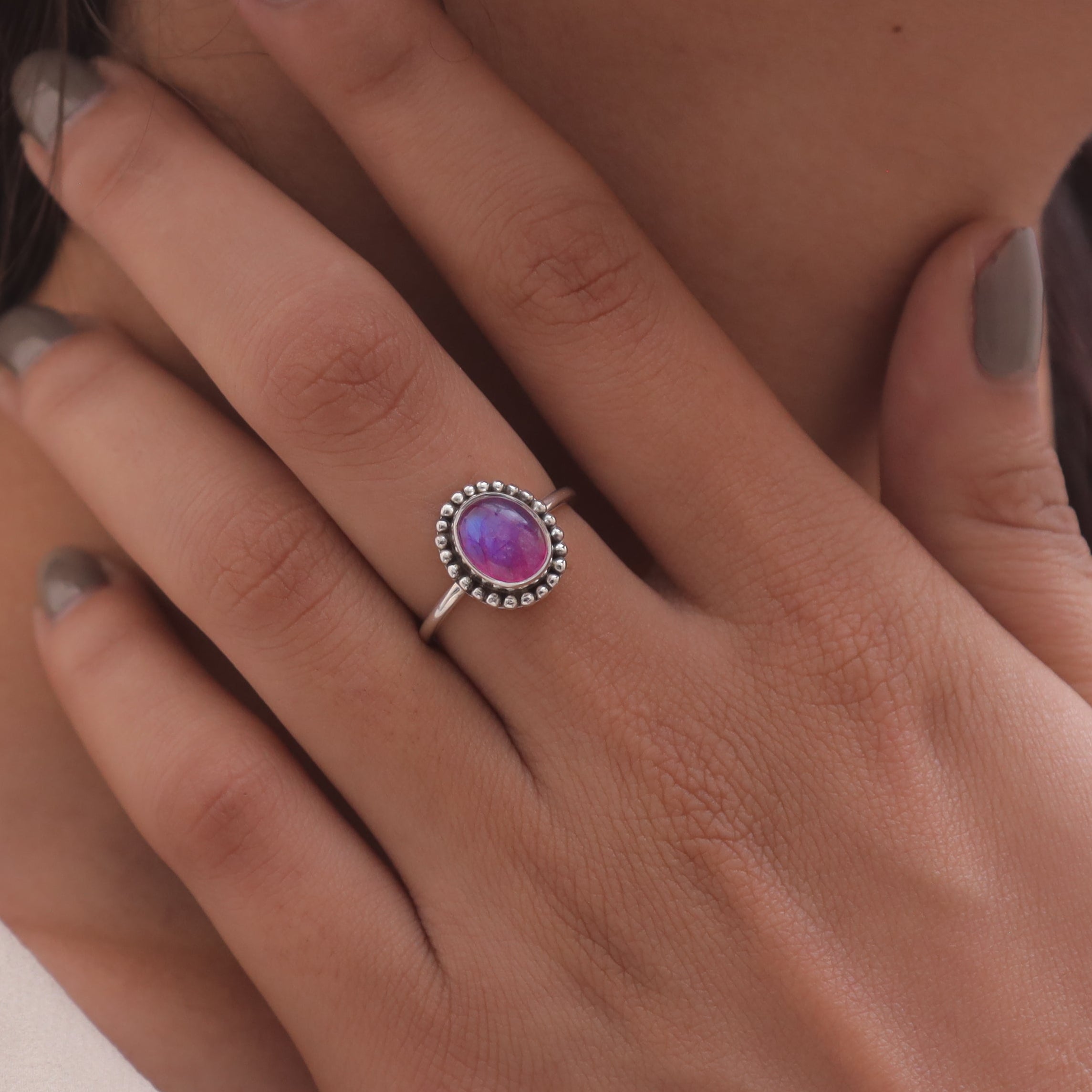 Pink Moonstone Sterling Silver Ring