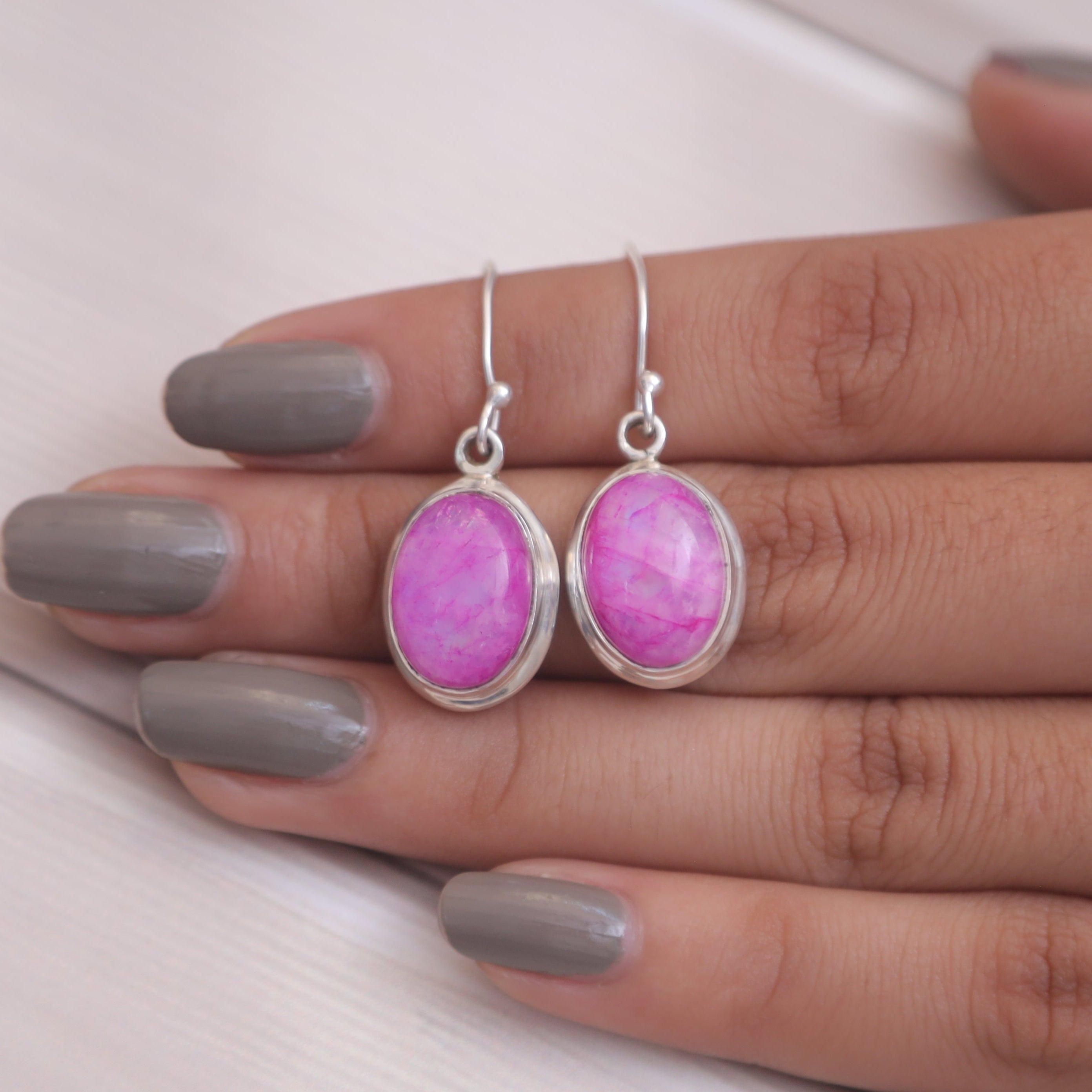 Pink Moonstone Solid Silver Earrings