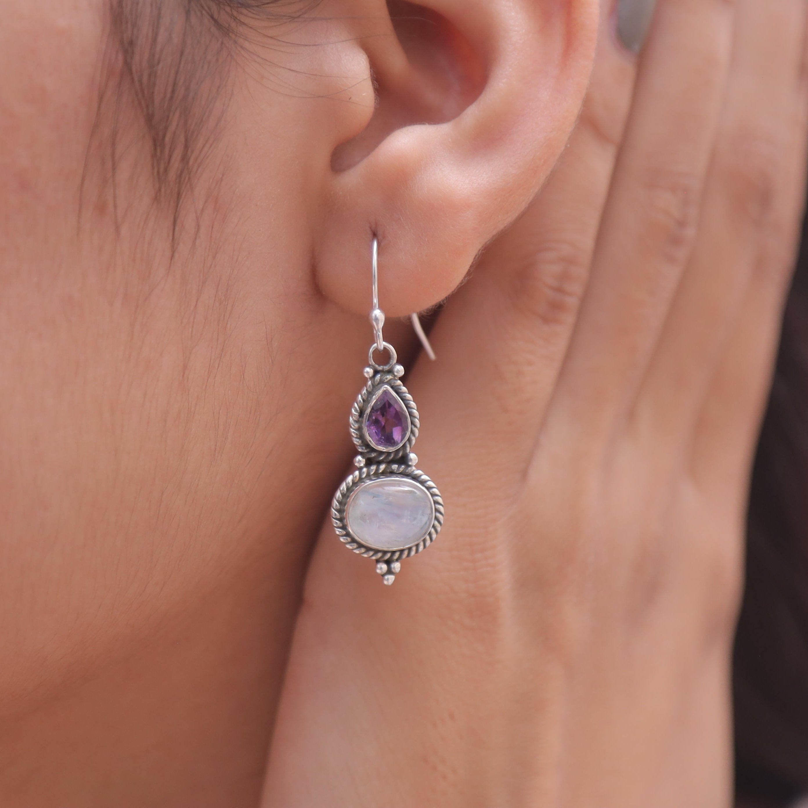 Rainbow Moonstone & Amethyst Sterling Silver Earrings