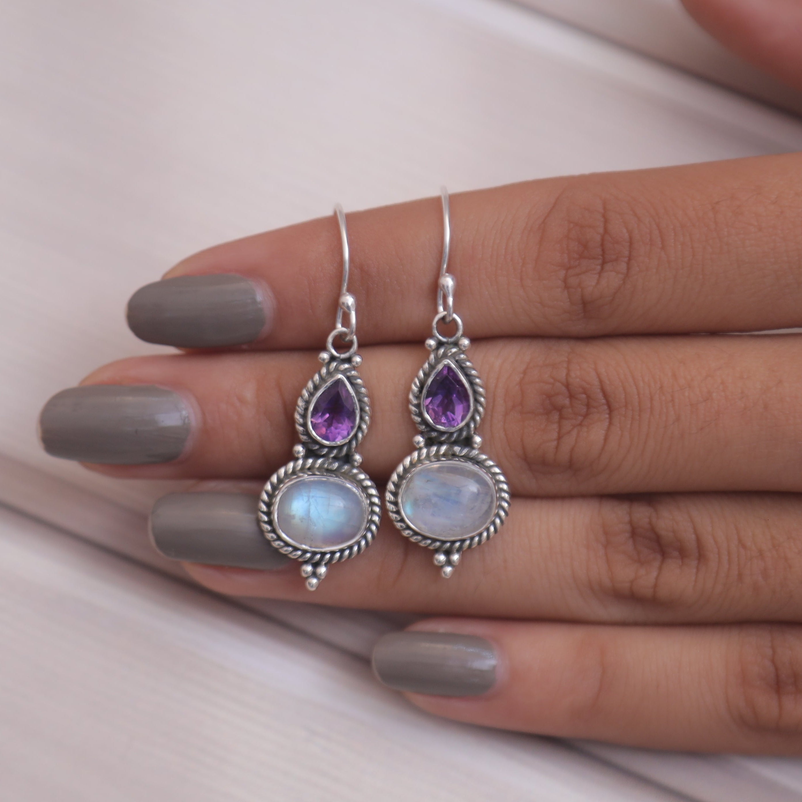 Rainbow Moonstone & Amethyst Sterling Silver Earrings