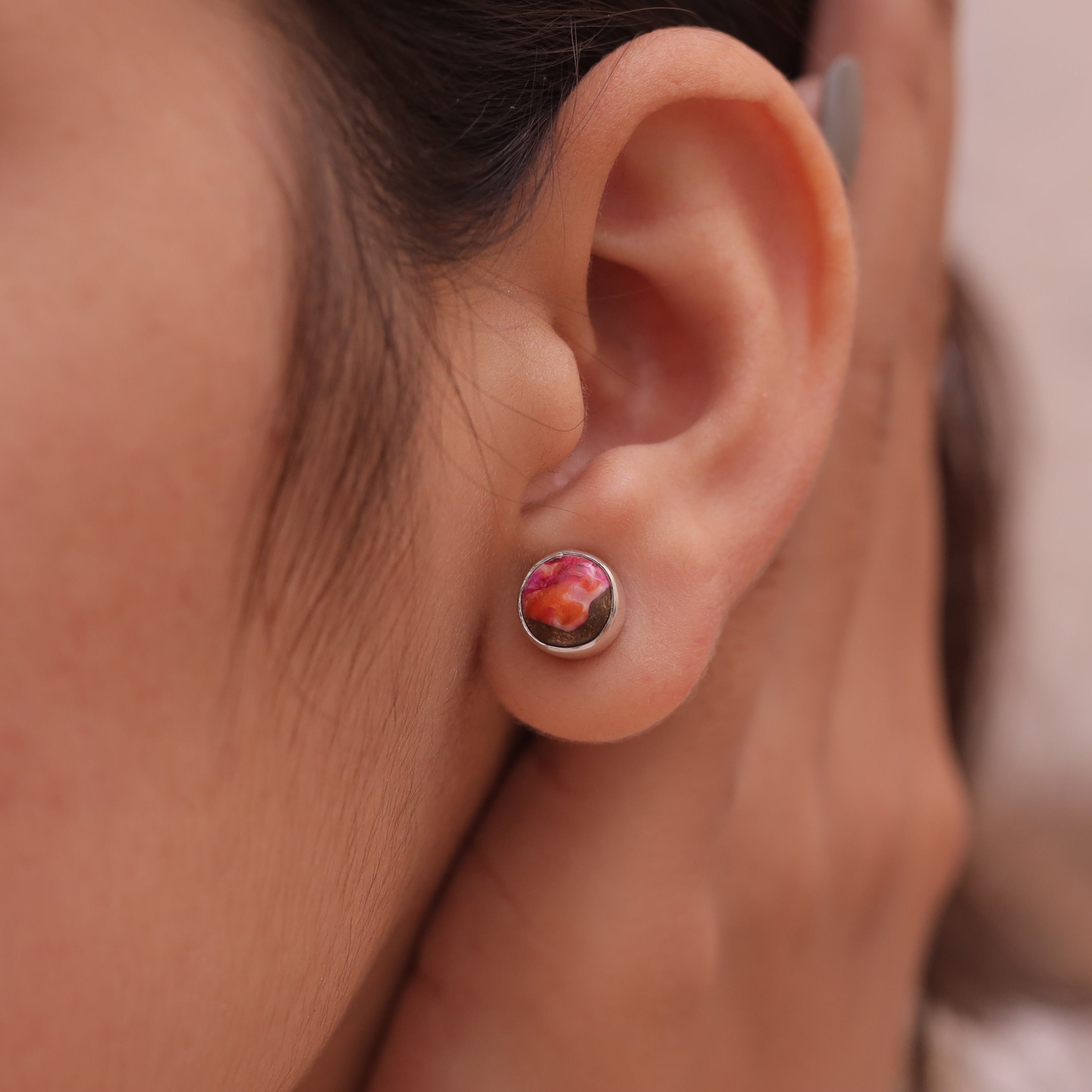 Pink Oyster Turquoise Sterling Silver Stud Earrings