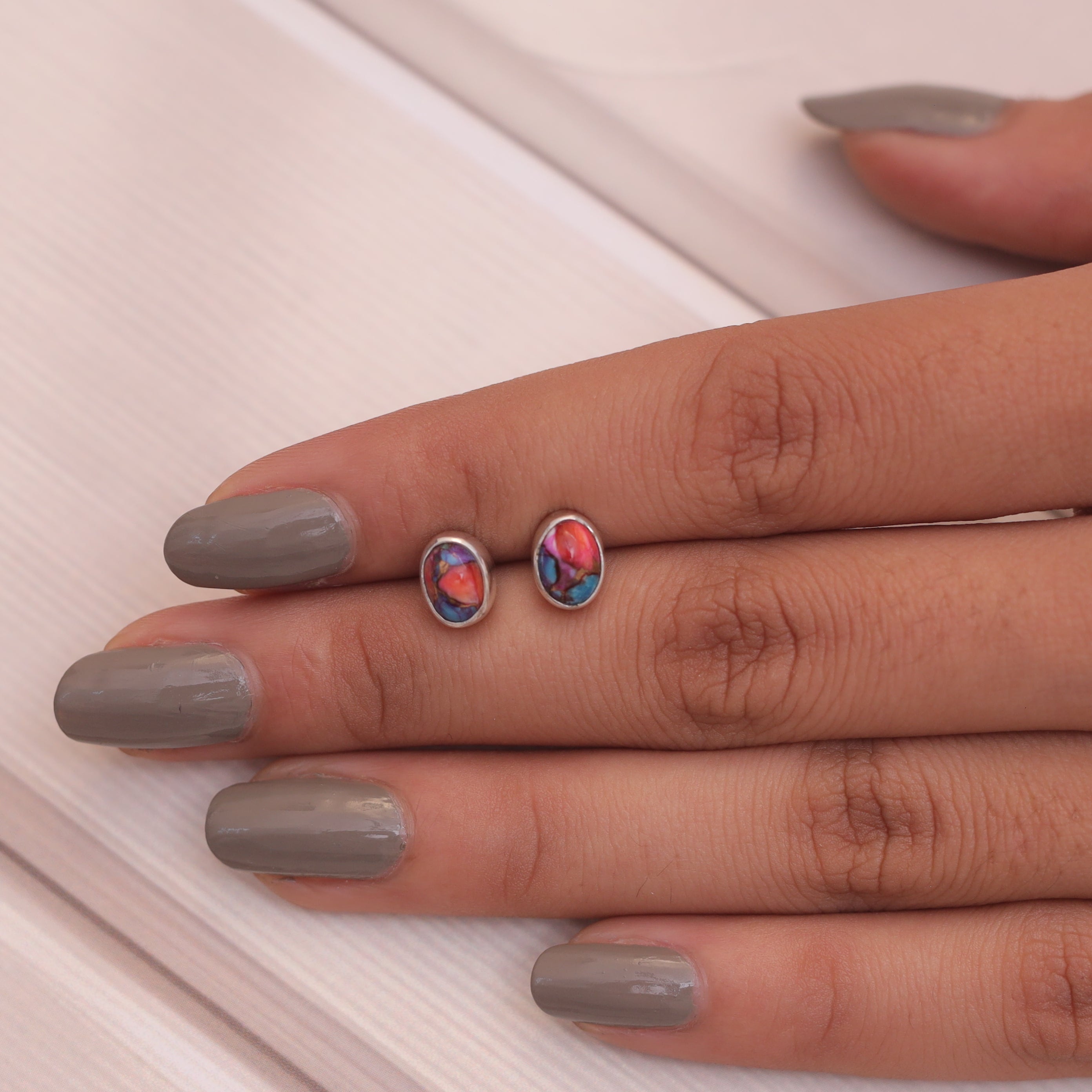 Pink Oyster Turquoise Sterling Silver Stud Earrings