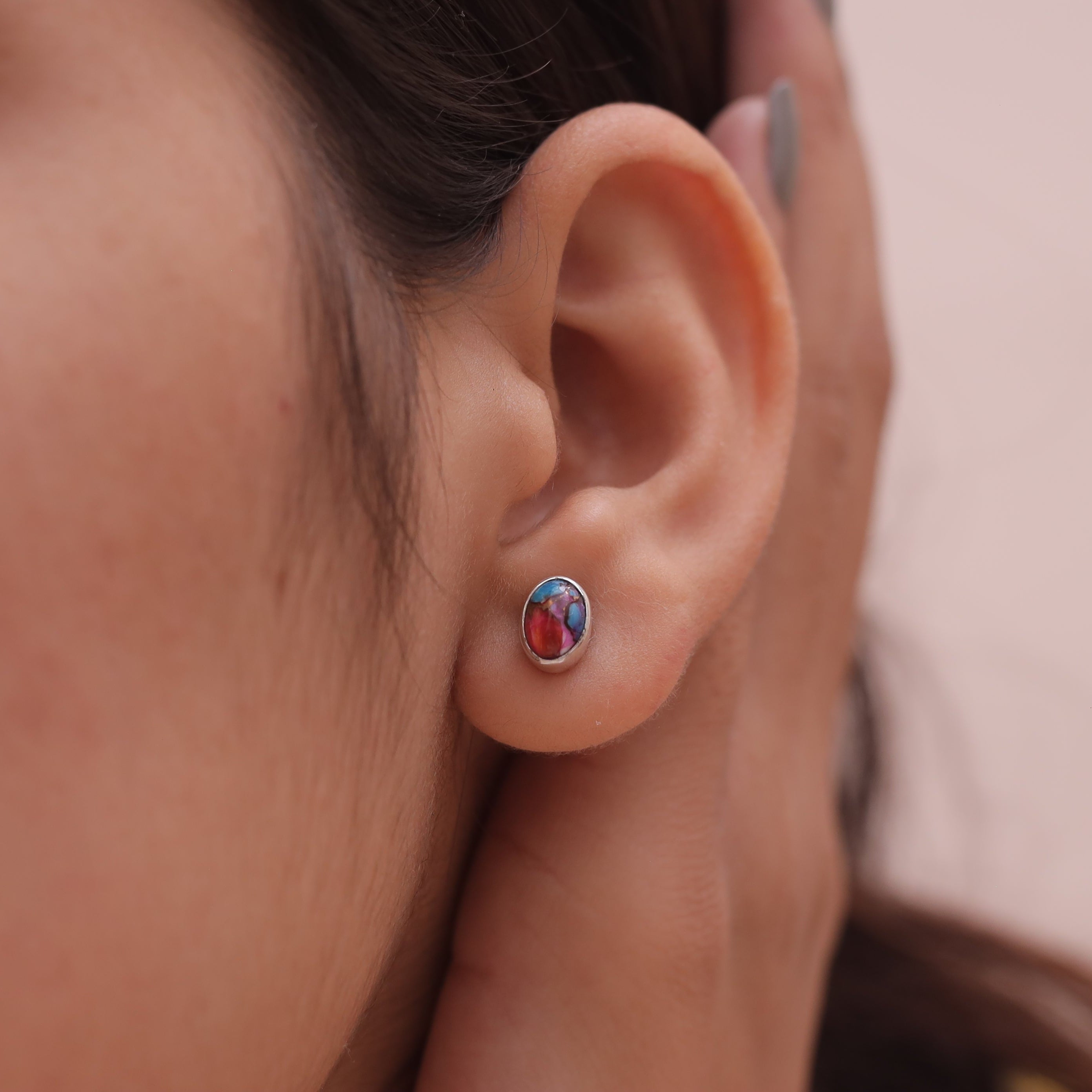 Pink Oyster Turquoise Sterling Silver Stud Earrings