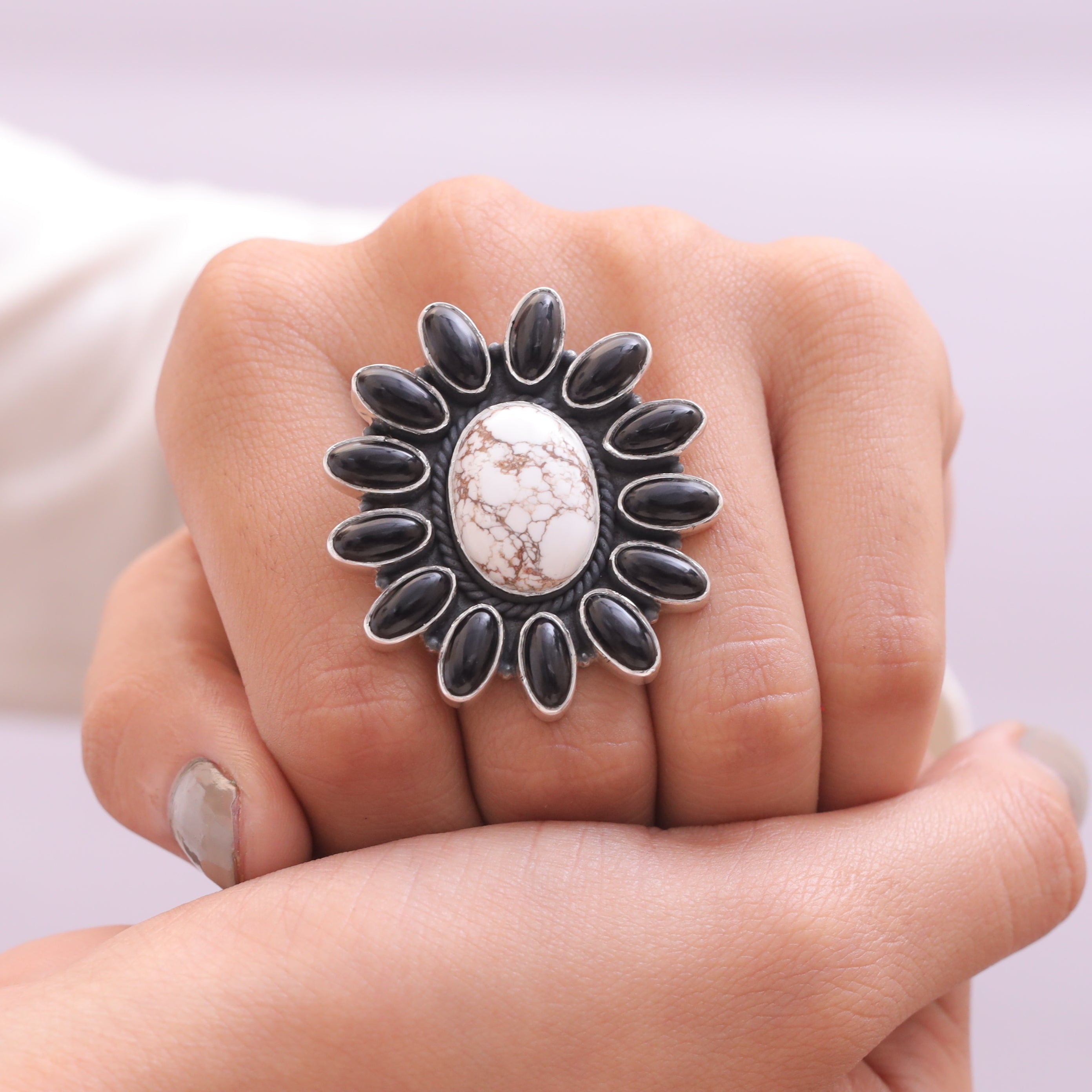 Black onyx & Wild Horse Sterling Silver Ring
