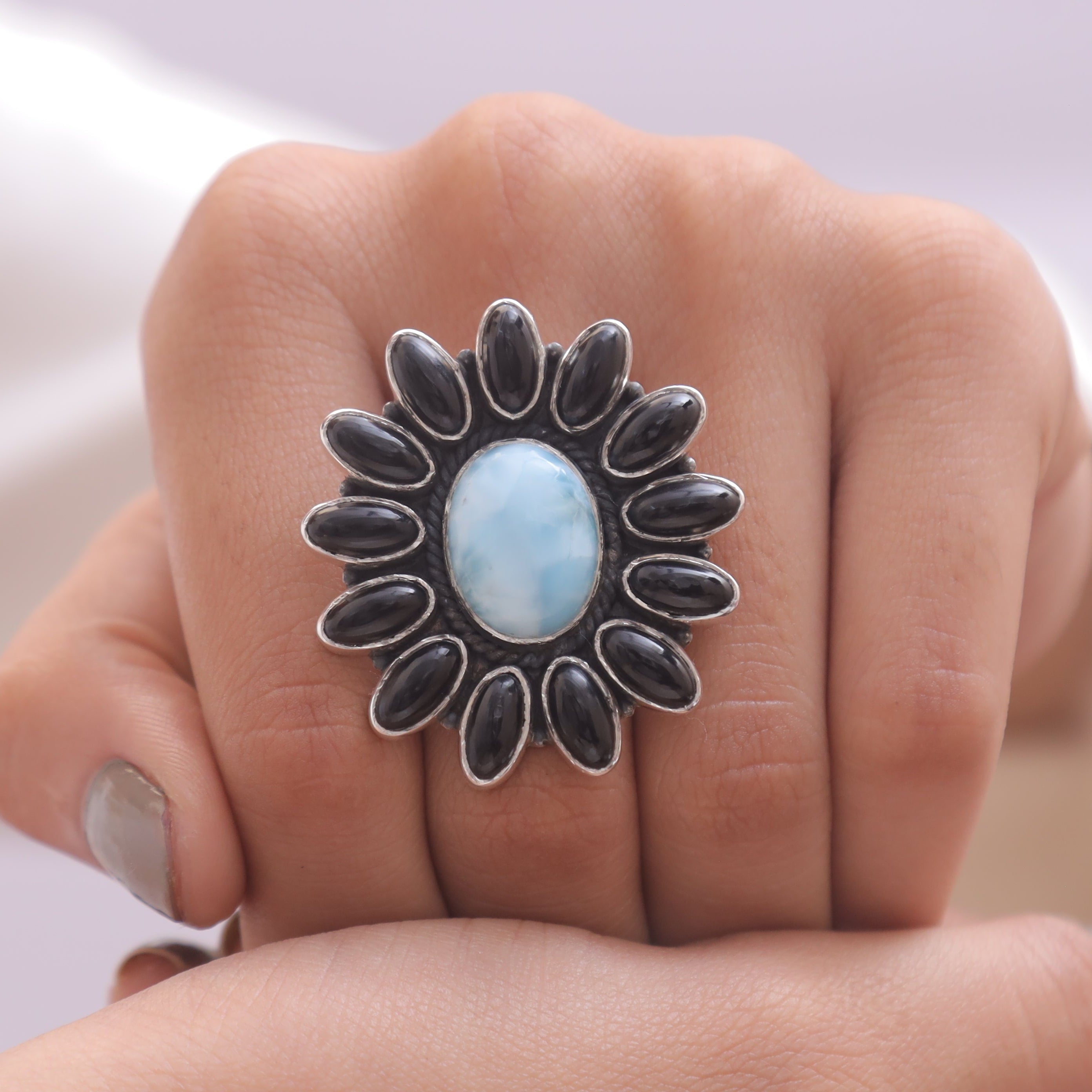 Black onyx & Larimar Sterling Silver Ring