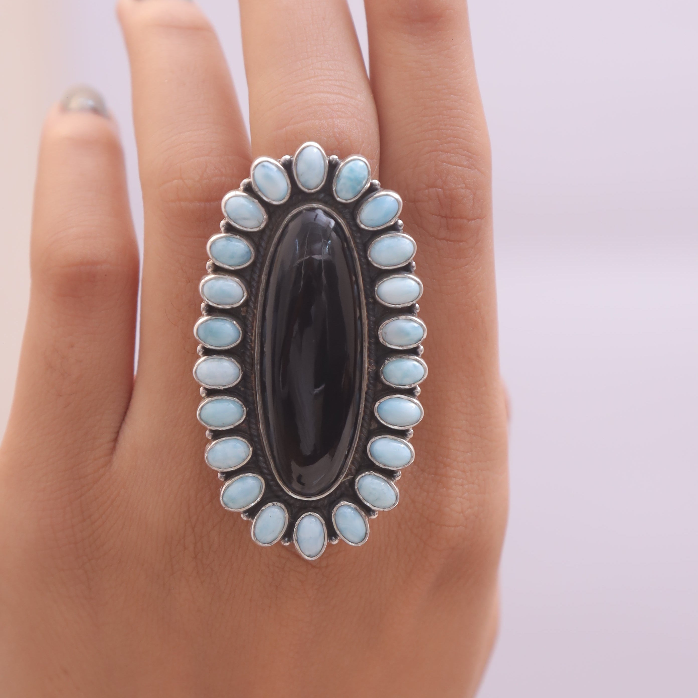Black onyx & Larimar Sterling Silver Ring