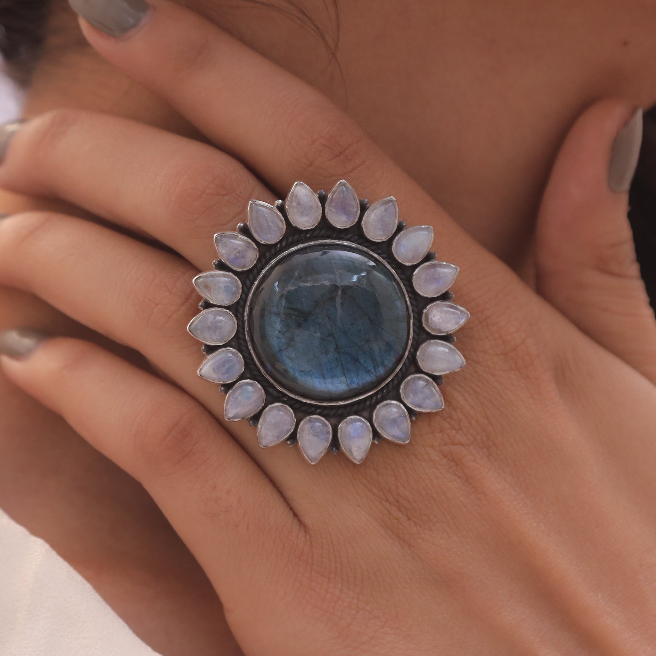 Rainbow Moonstone & Labradorite Sterling Silver Ring