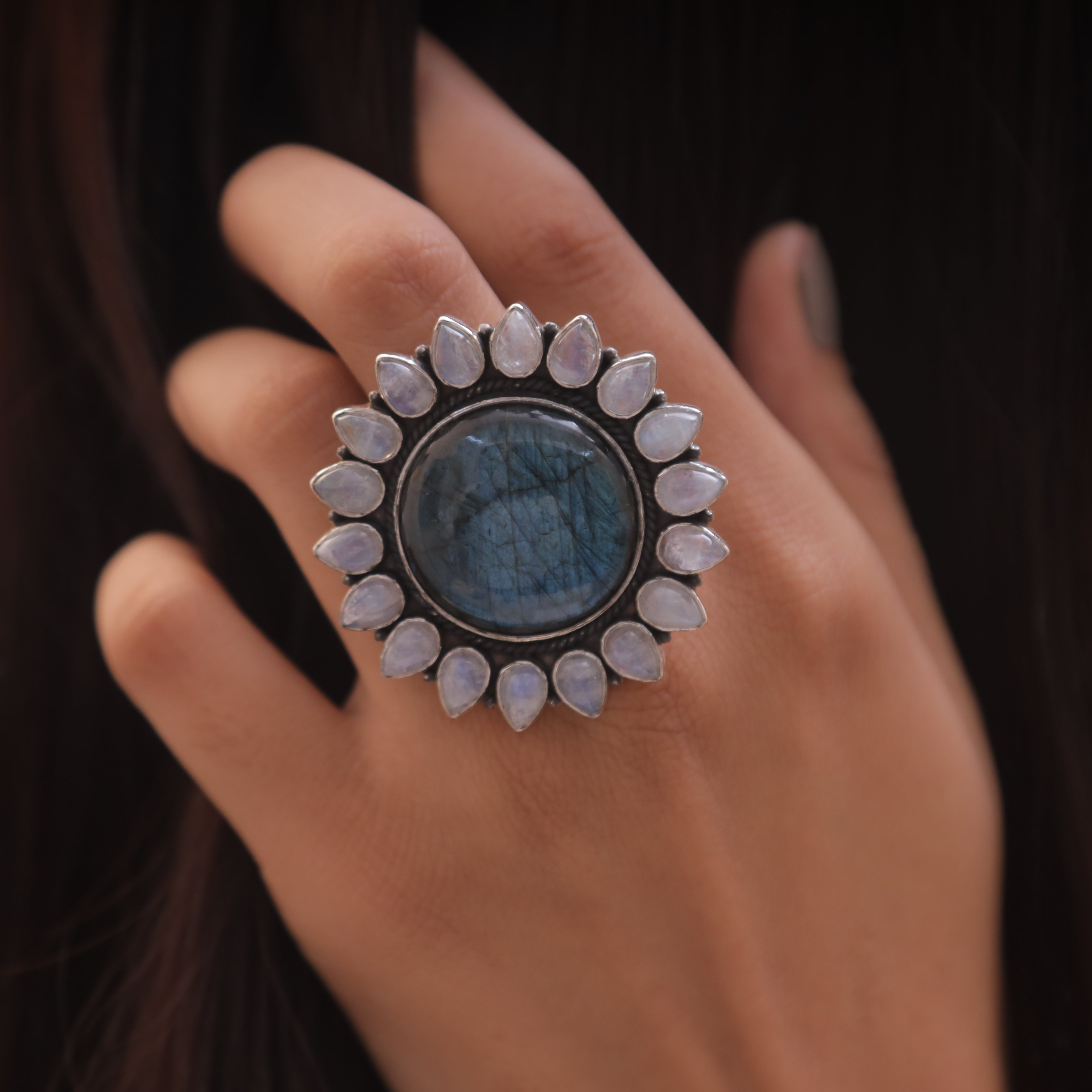 Rainbow Moonstone & Labradorite Sterling Silver Ring
