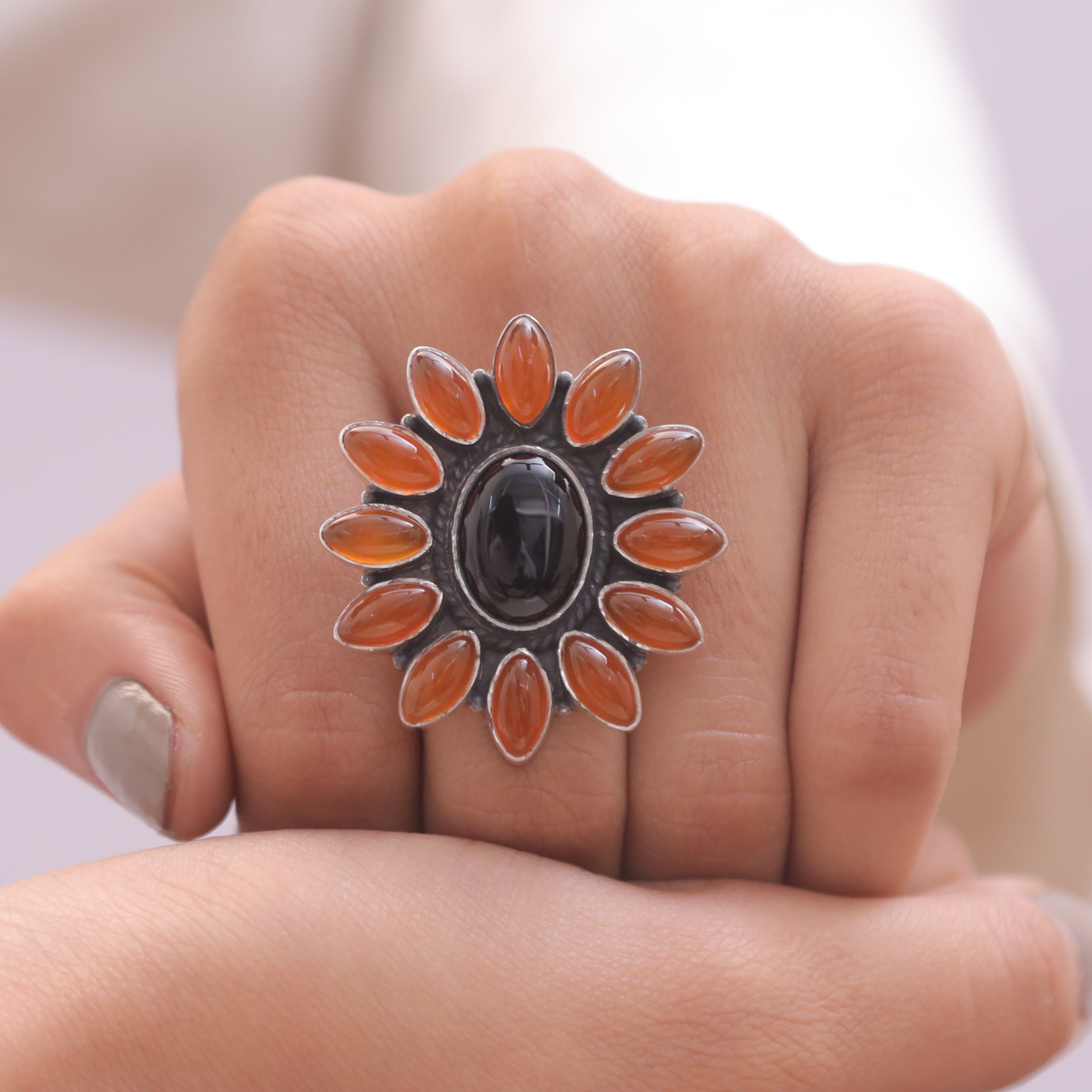 Black onyx & Carnelian Sterling Silver Ring