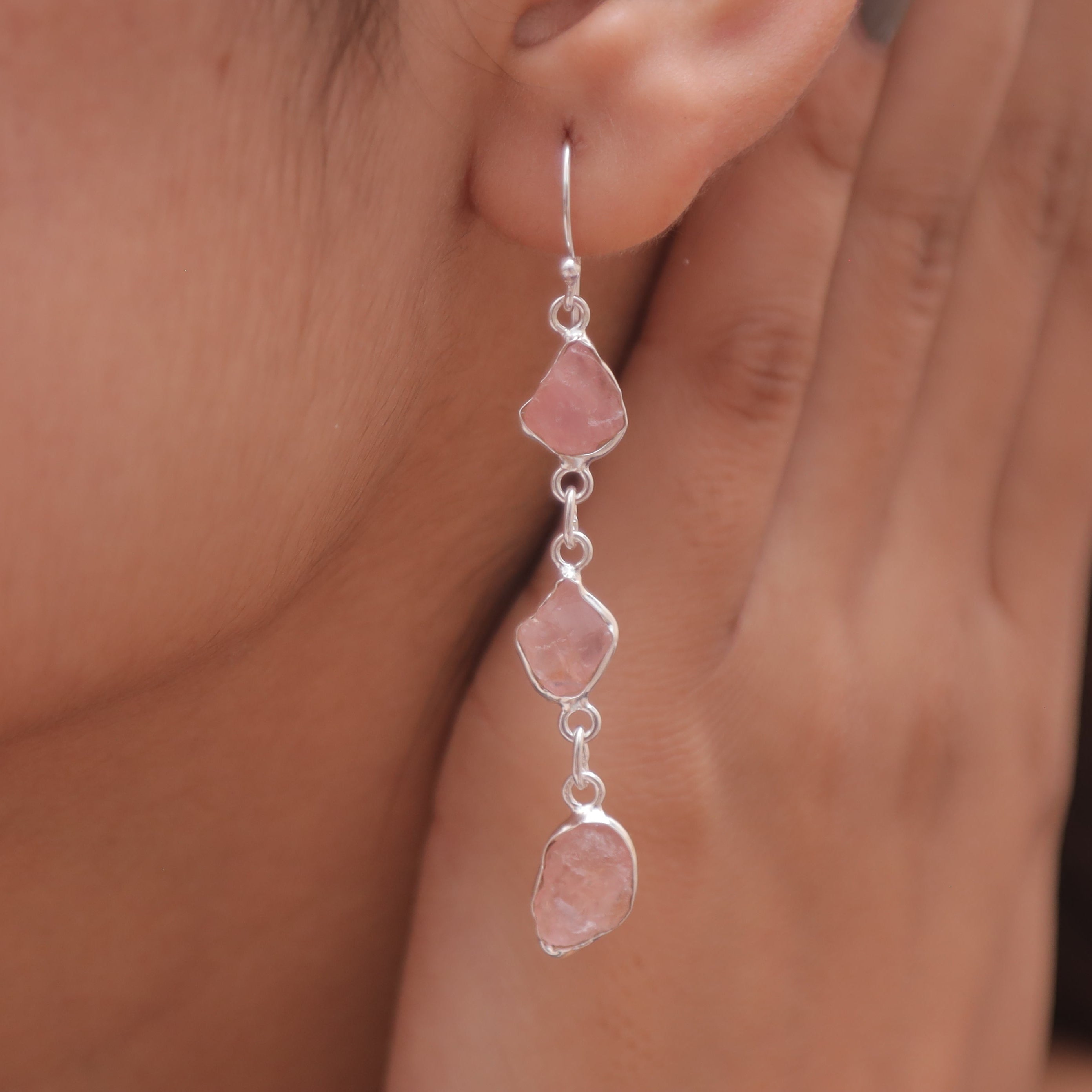 Raw Rose Quartz Sterling Silver Earrings