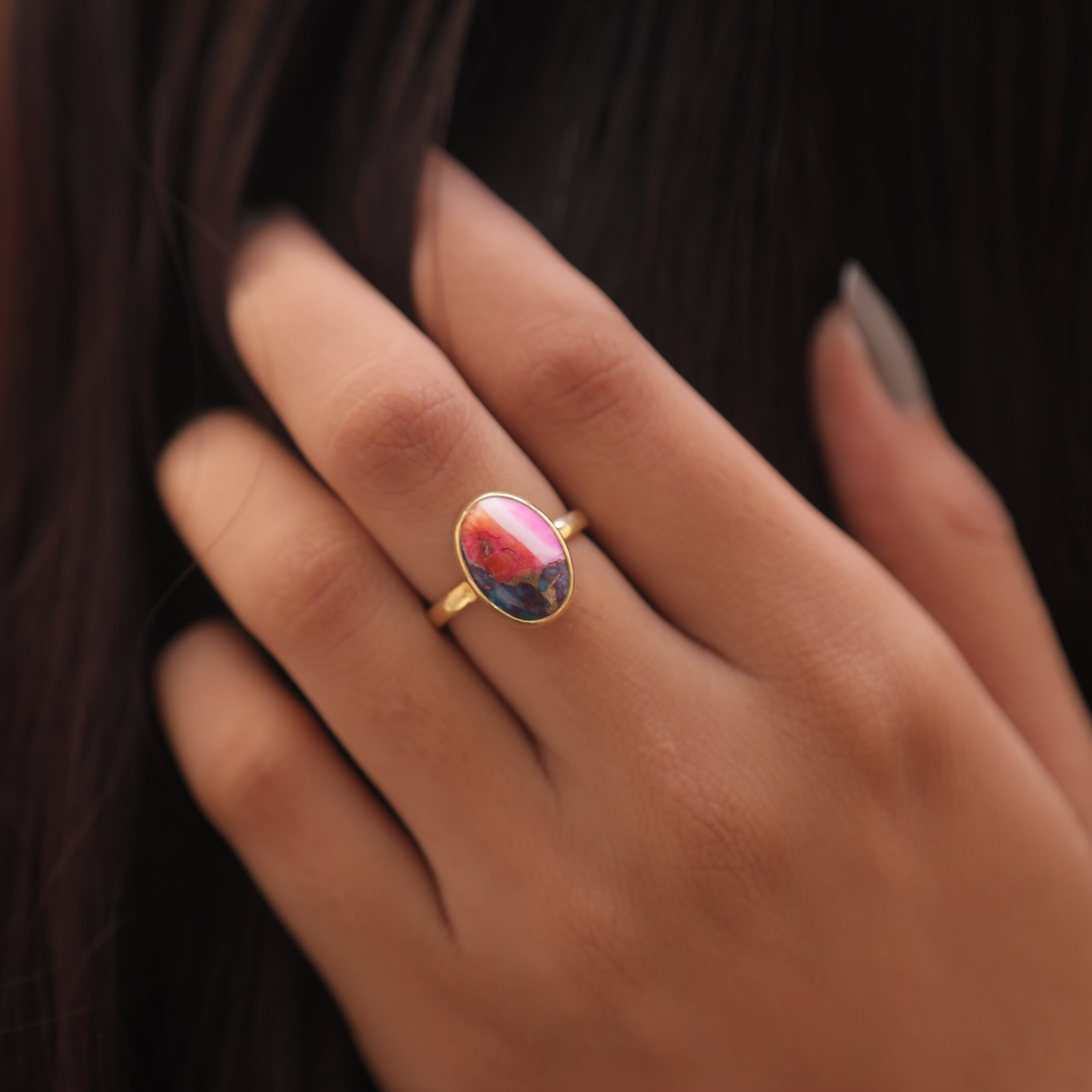Pink Oyster Turquoise 18k Gold Plated Sterling Silver Ring
