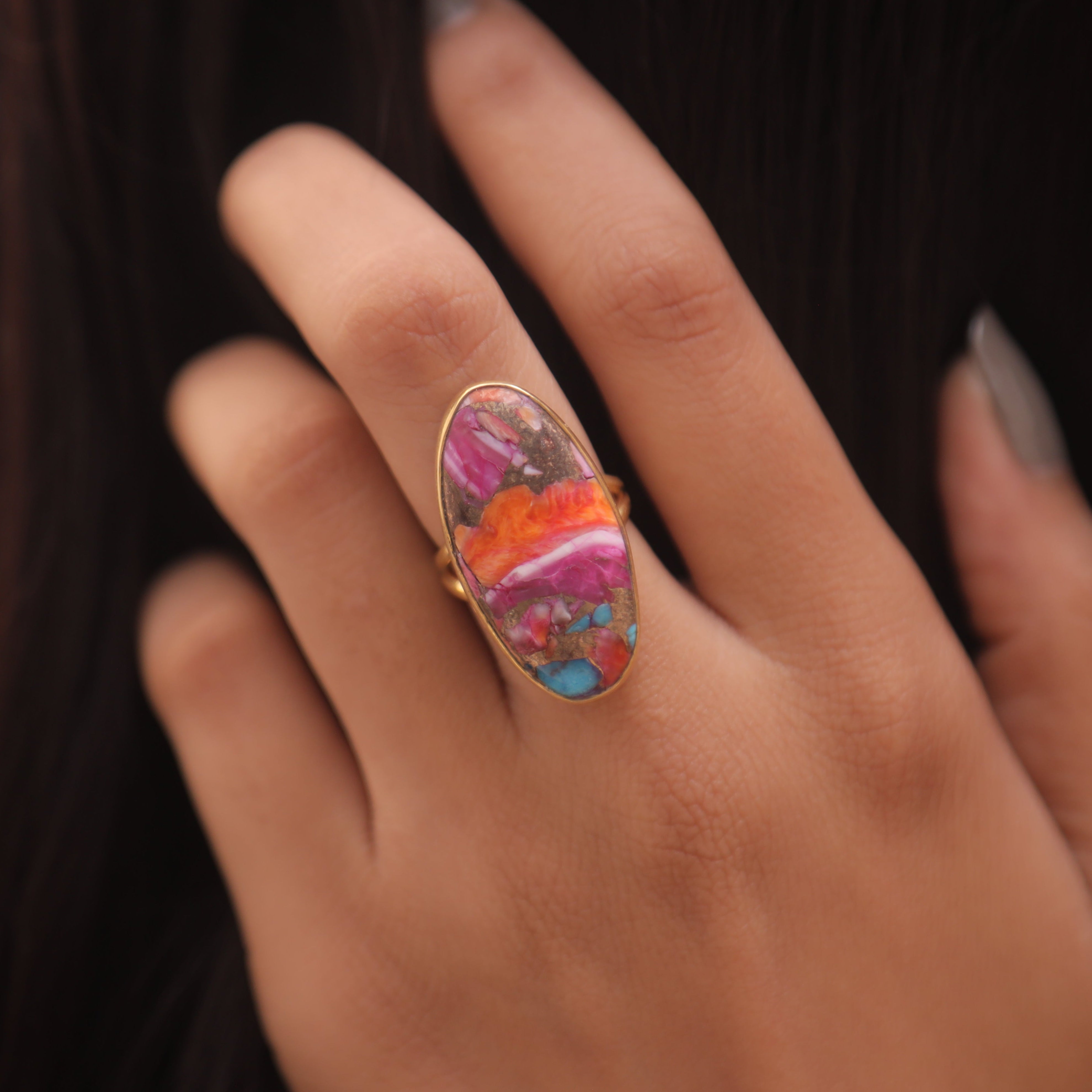 Pink Oyster Turquoise 18k Gold Plated Sterling Silver Ring
