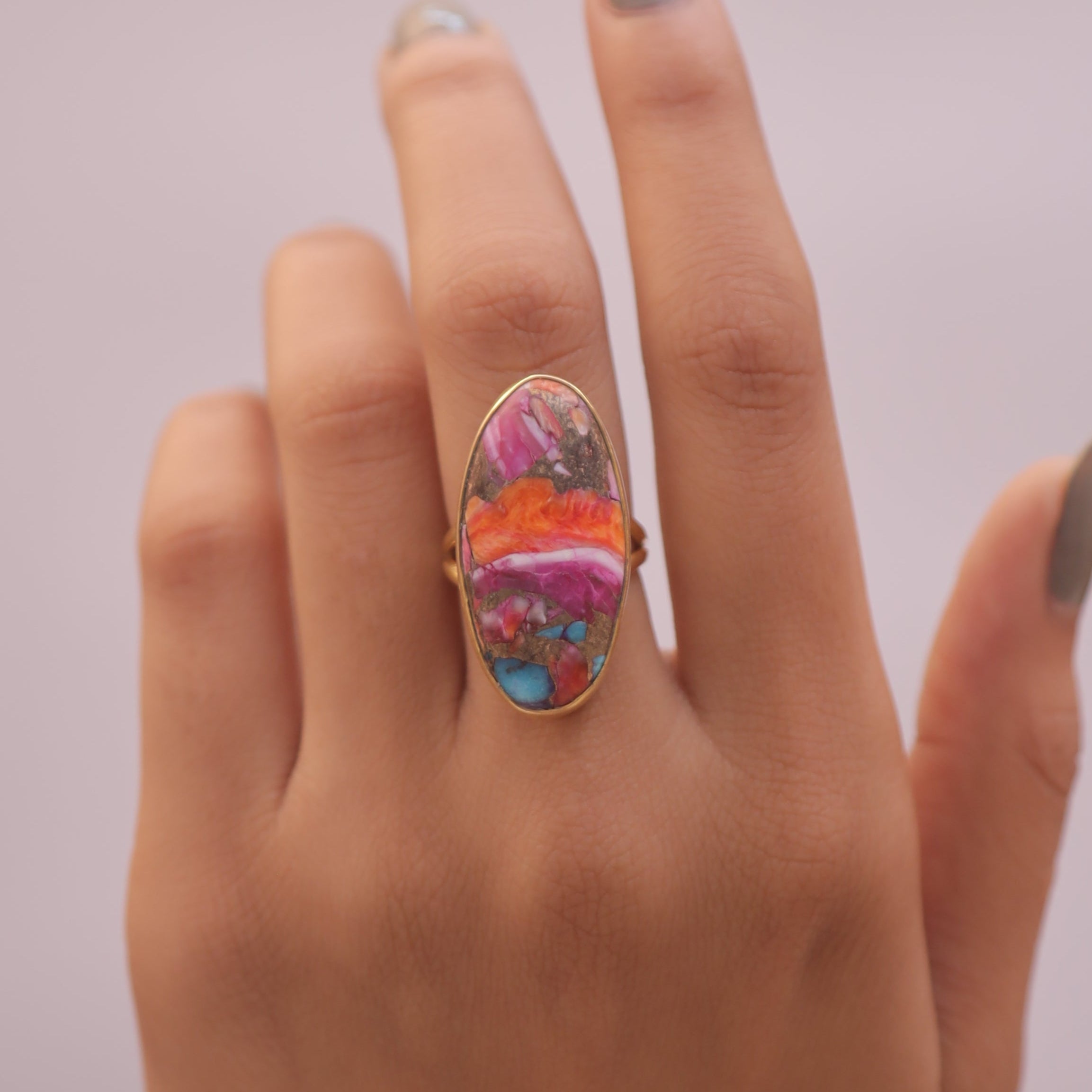 Pink Oyster Turquoise 18k Gold Plated Sterling Silver Ring