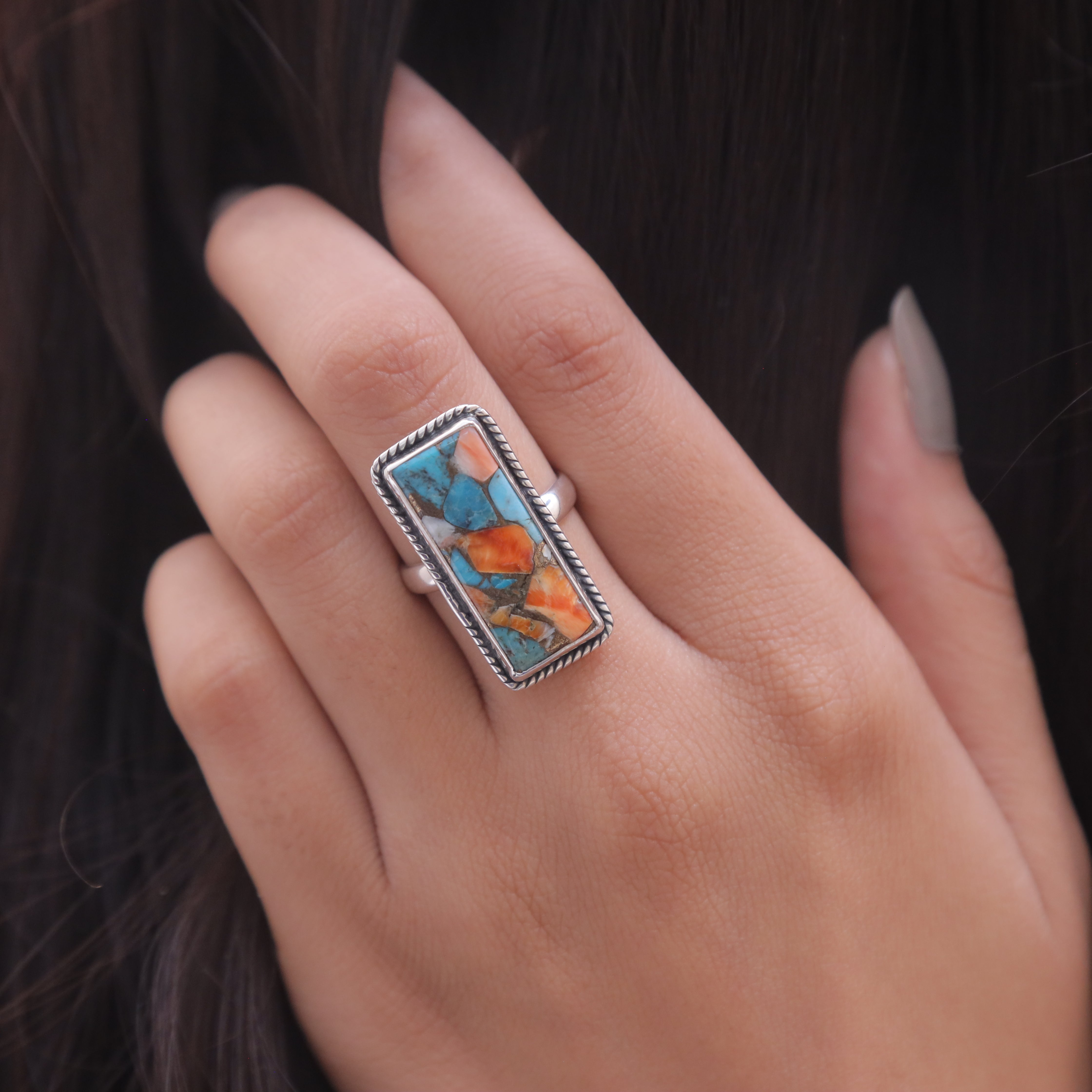 Spiny Oyster Turquoise Sterling Silver Ring