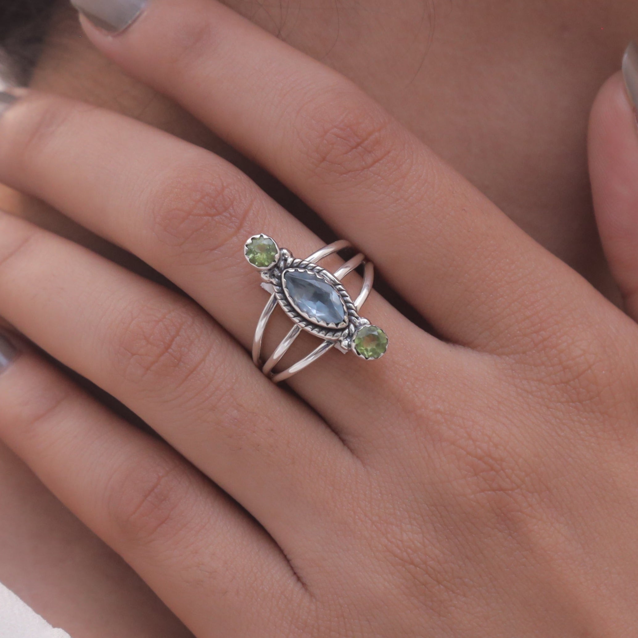 Blue Topaz & Peridot Sterling Silver Ring