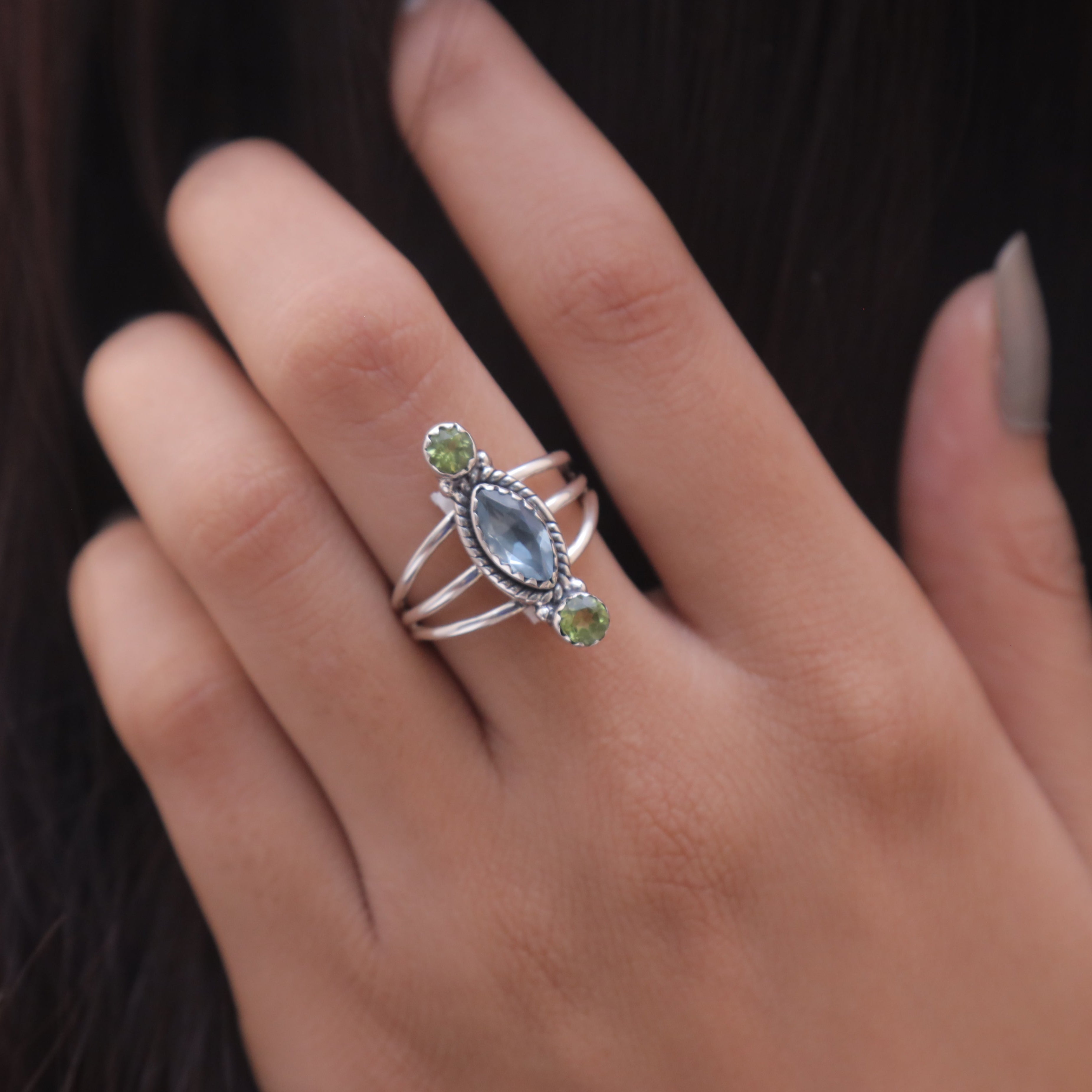 Blue Topaz & Peridot Sterling Silver Ring