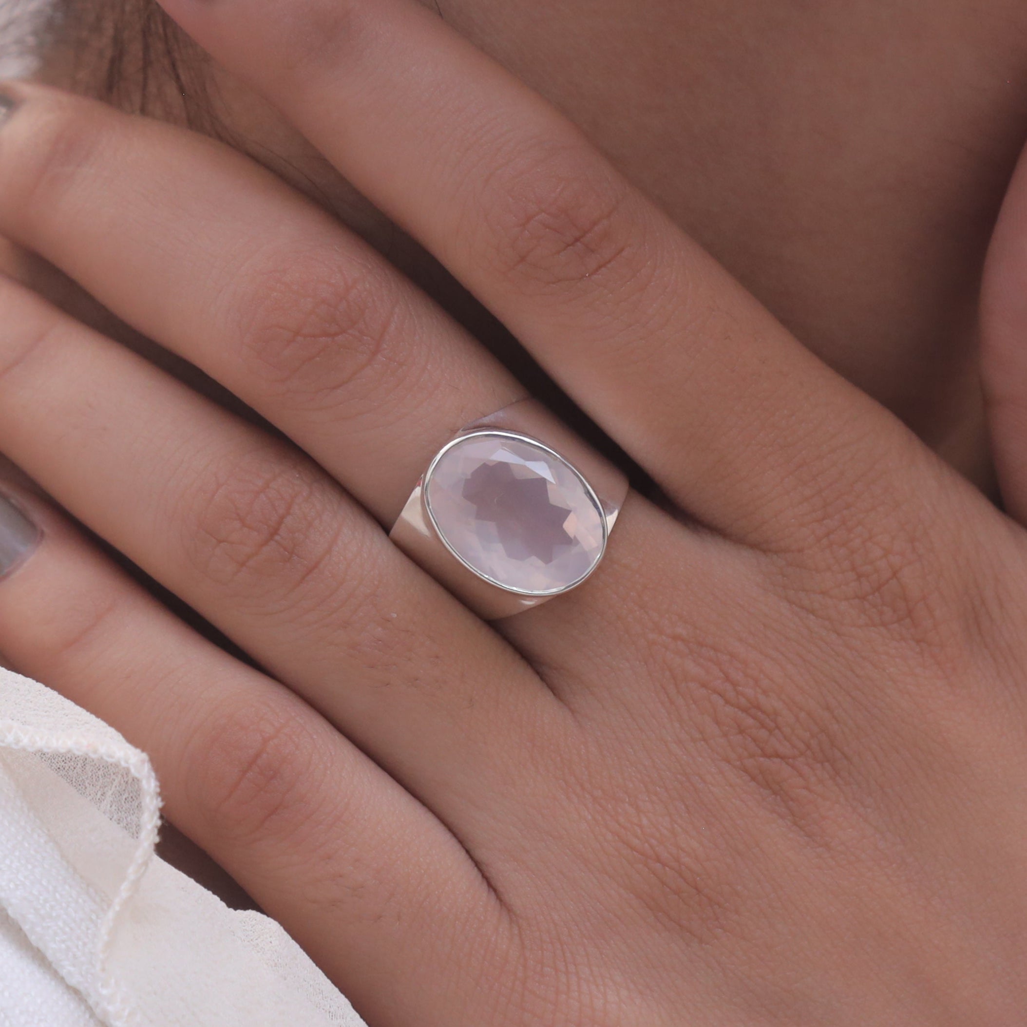 Cut Rose Quartz Sterling Silver Ring