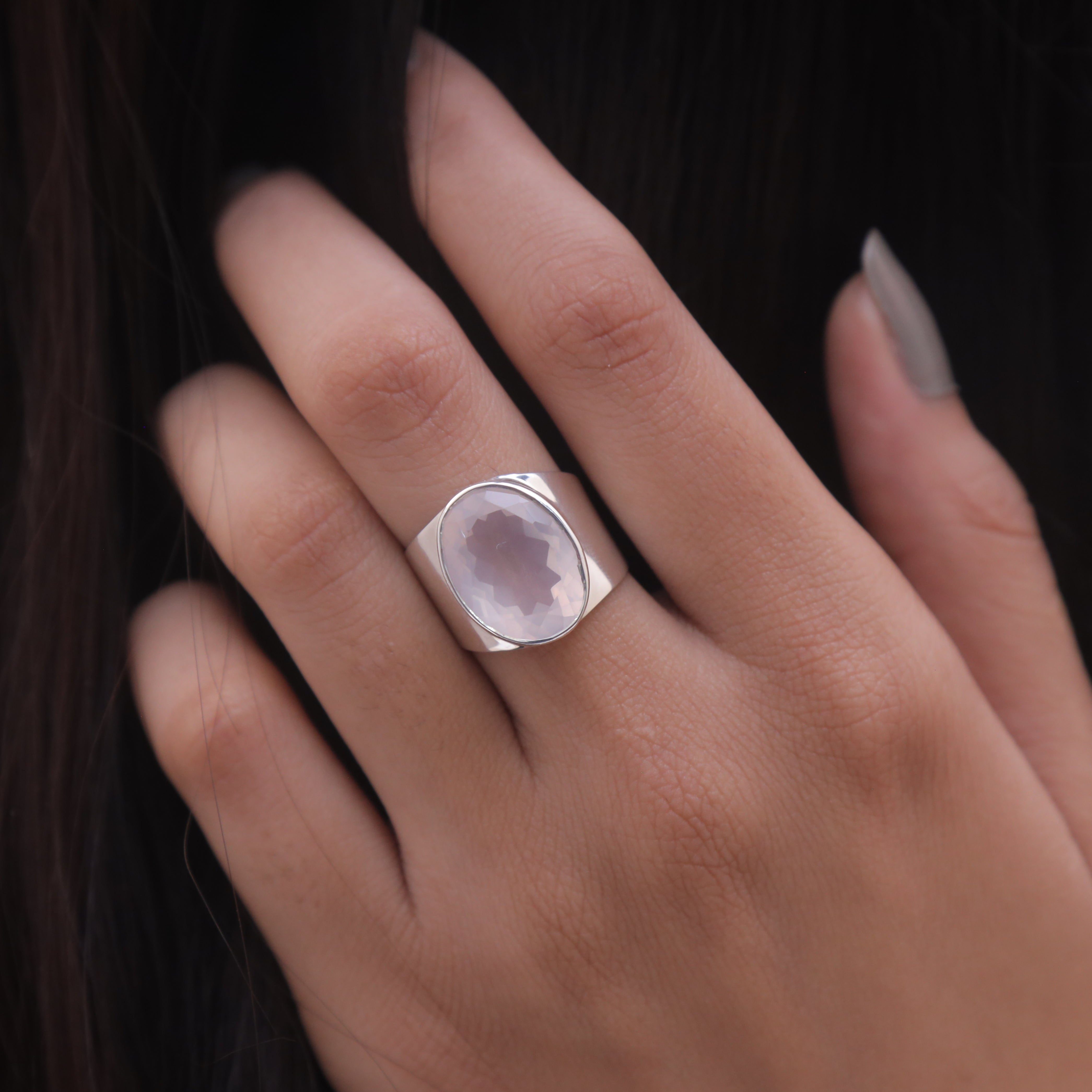 Cut Rose Quartz Sterling Silver Ring