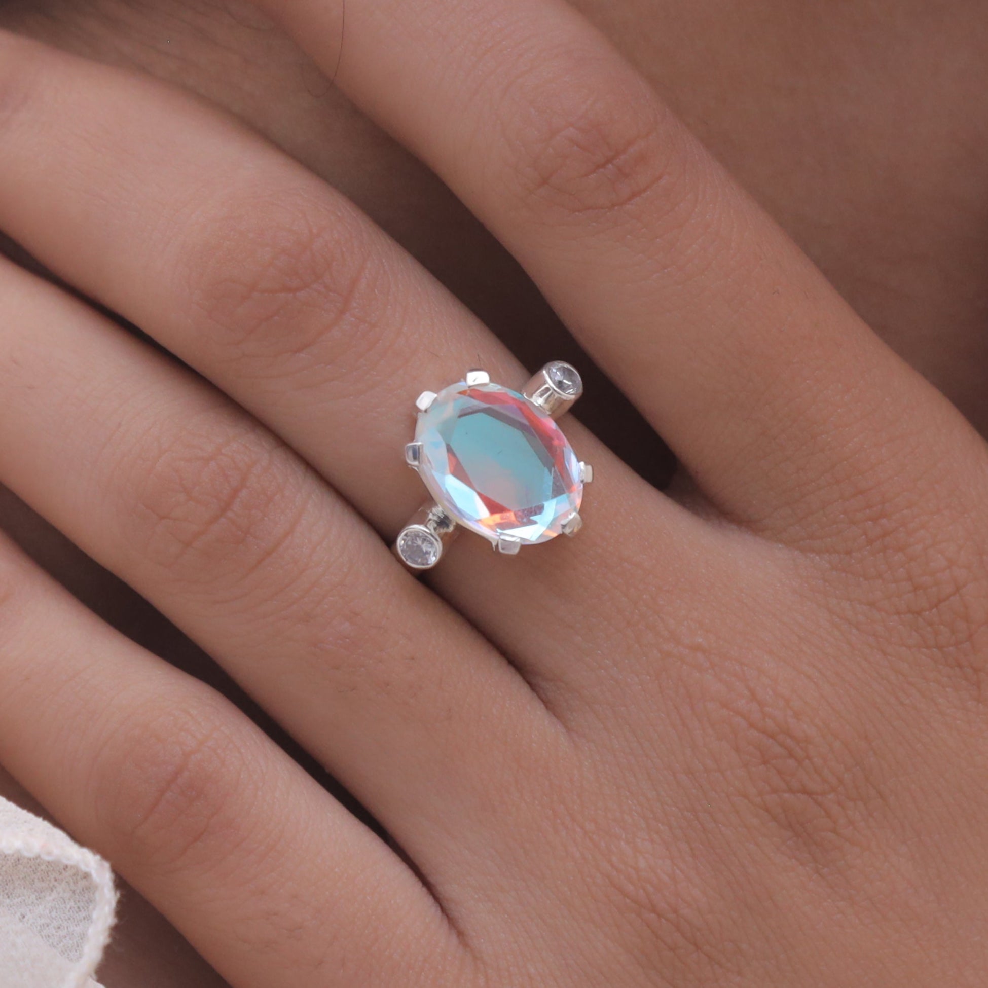 Aurora Opal, Moissanite Sterling Silver Ring