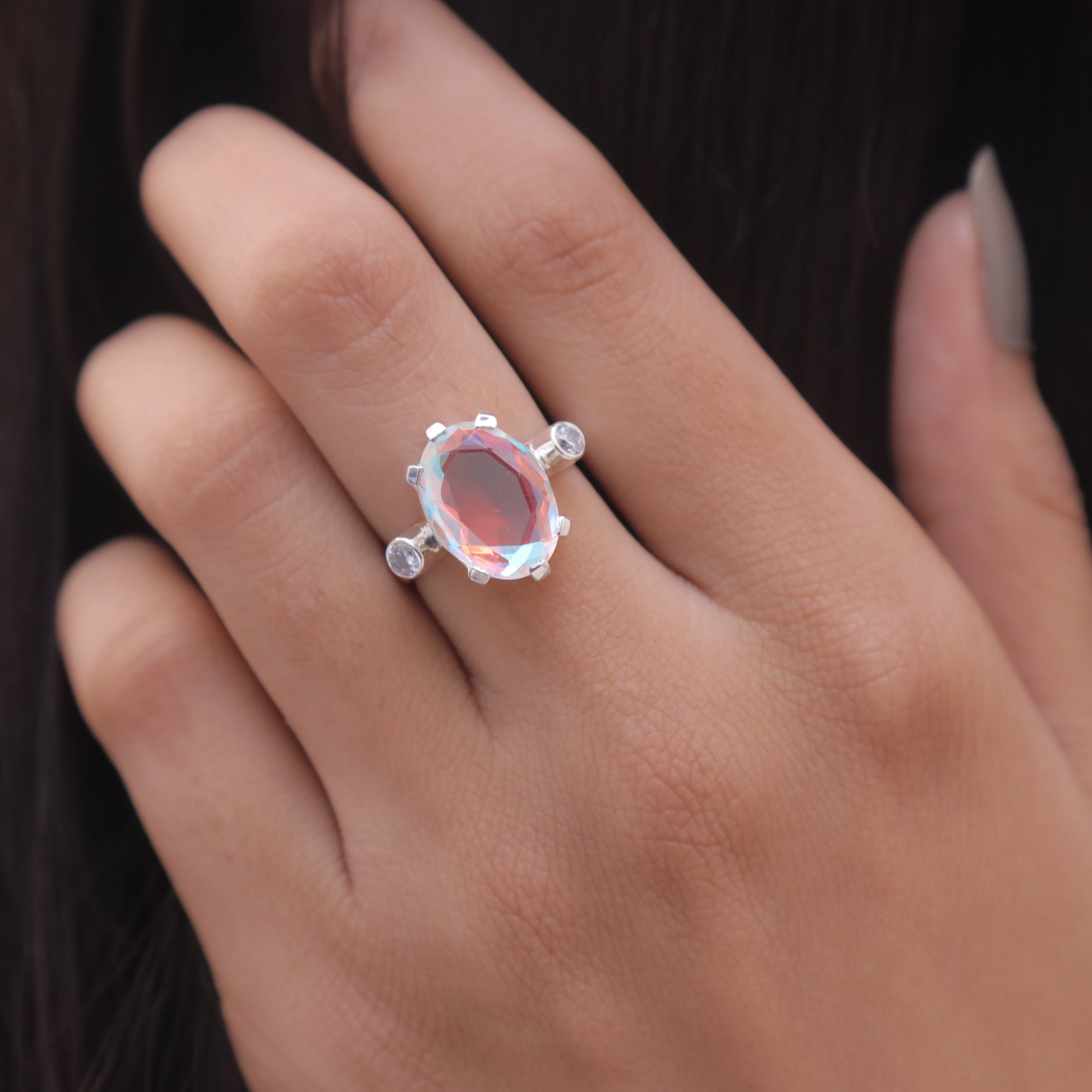Aurora Opal, Moissanite Sterling Silver Ring