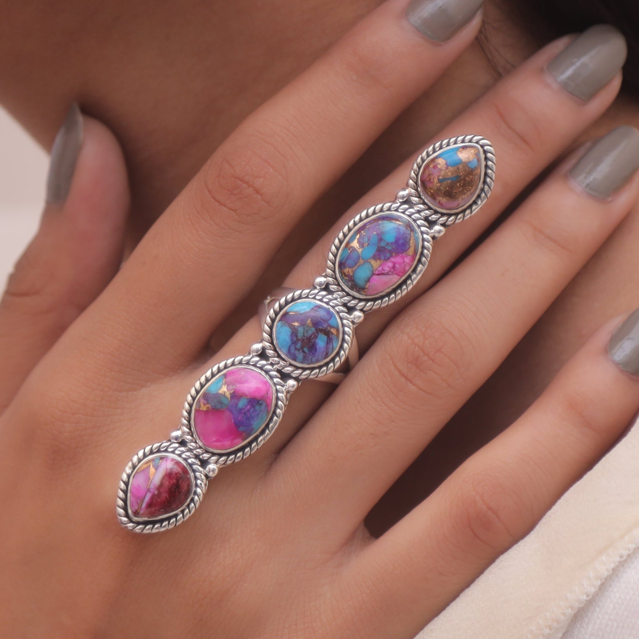 Pink Oyster Turquoise Solid Silver Ring