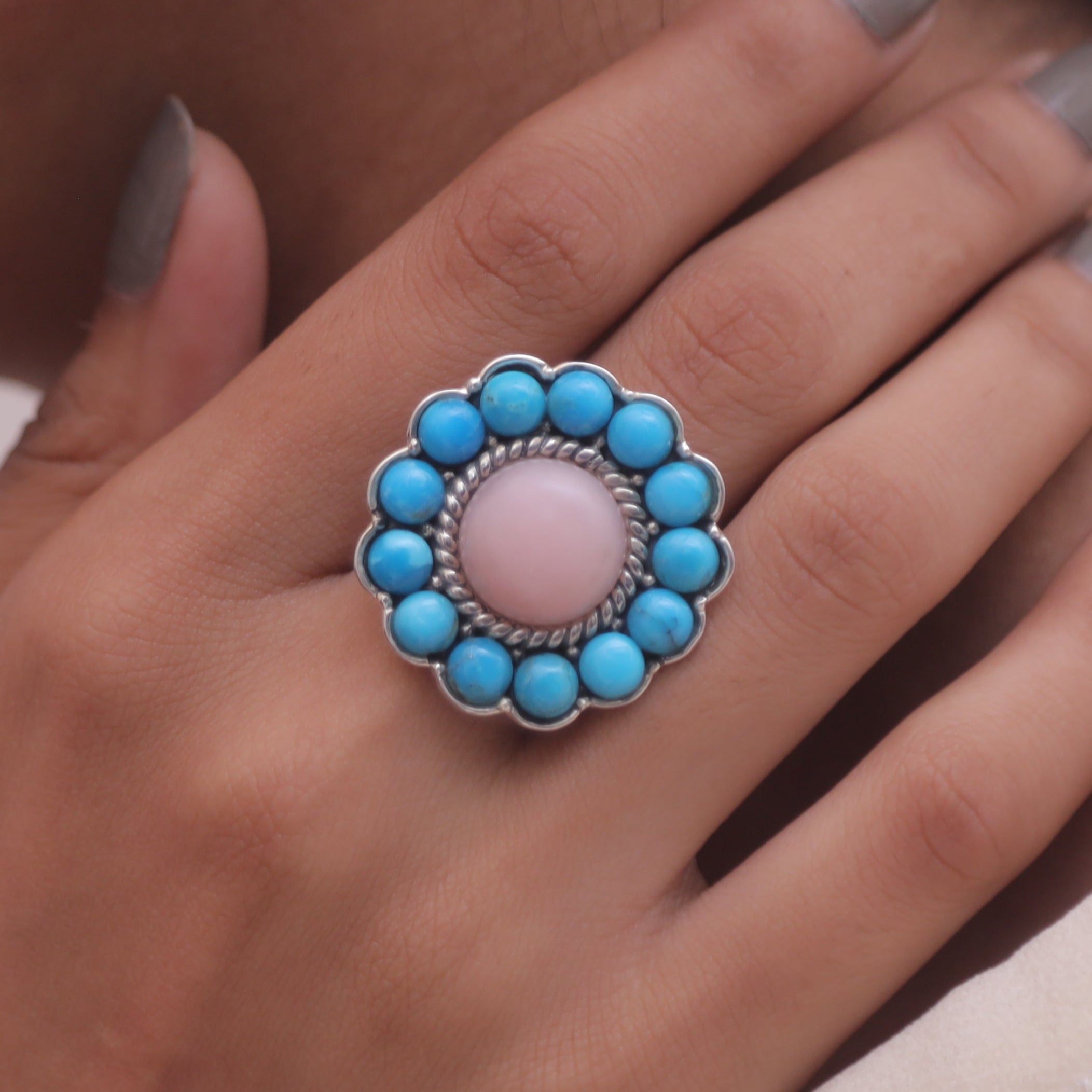 Pink Opal & Arizona Turquoise Sterling Silver Ring