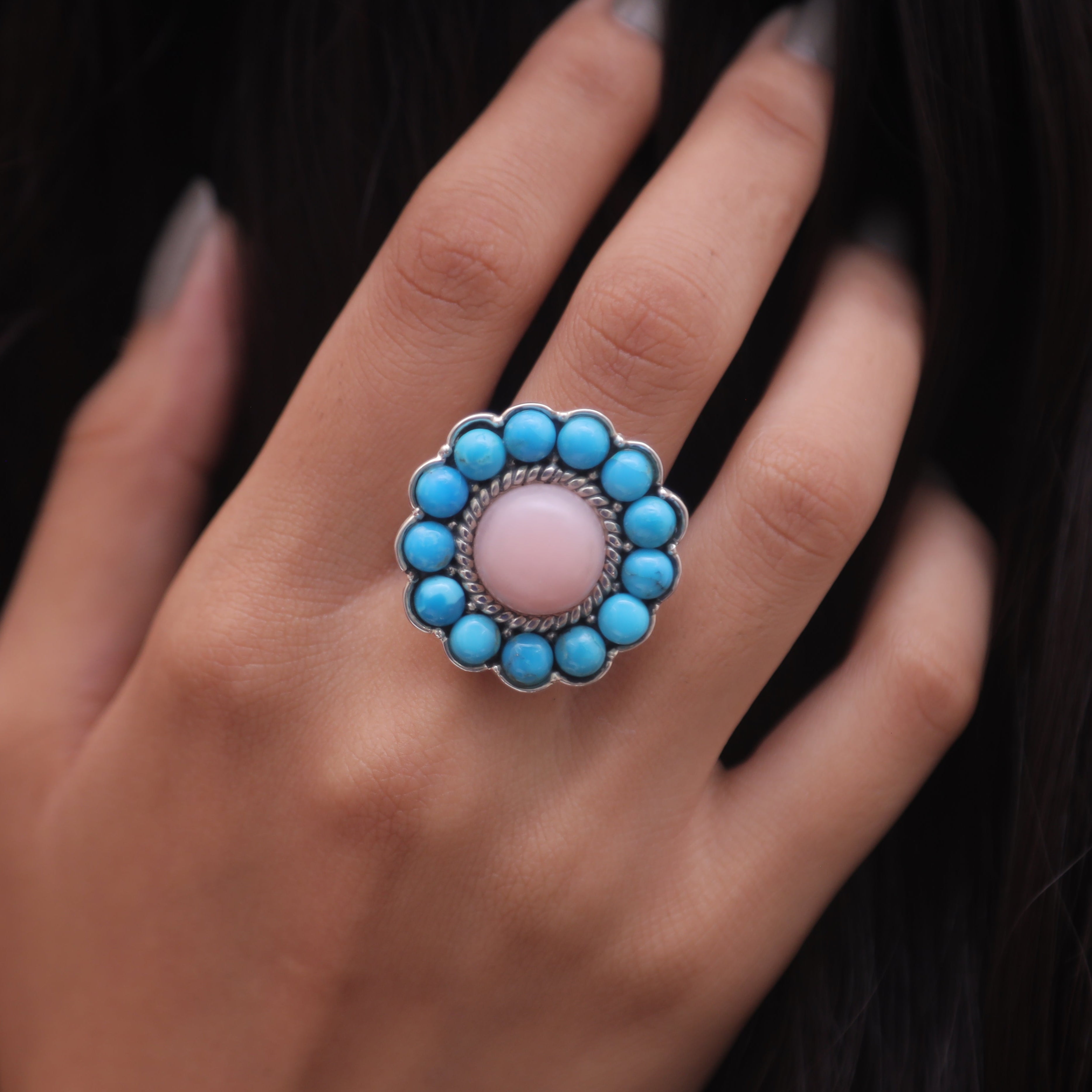 Pink Opal & Arizona Turquoise Sterling Silver Ring