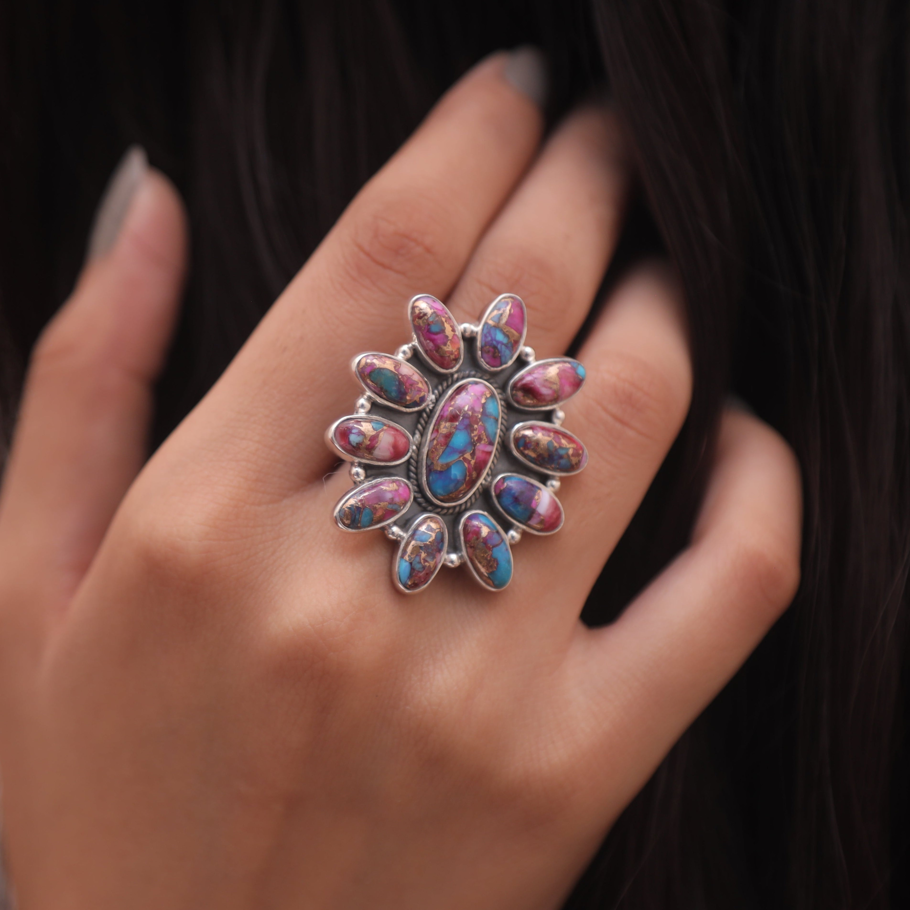 Pink Oyster Turquoise Solid Silver Ring