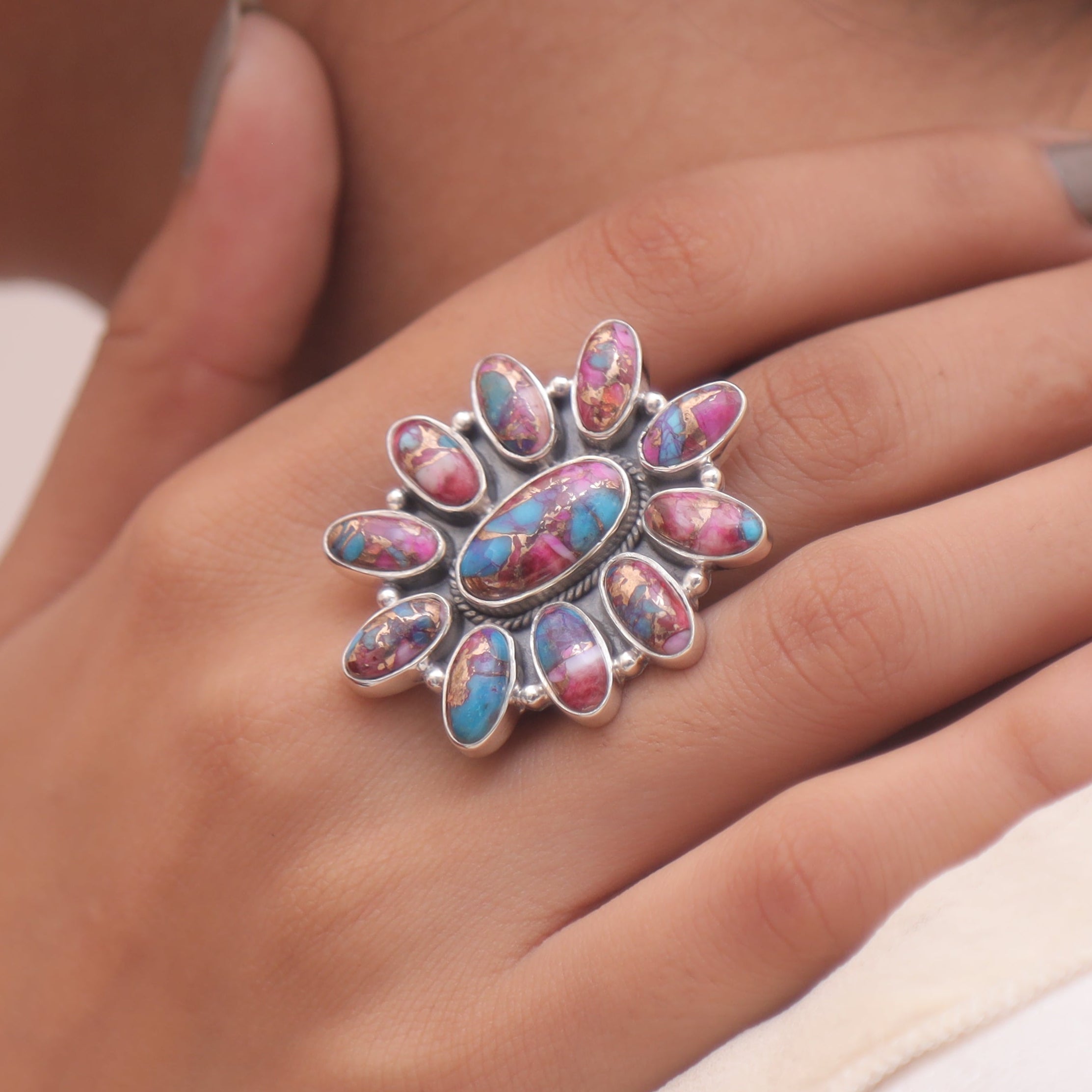 Pink Oyster Turquoise Solid Silver Ring
