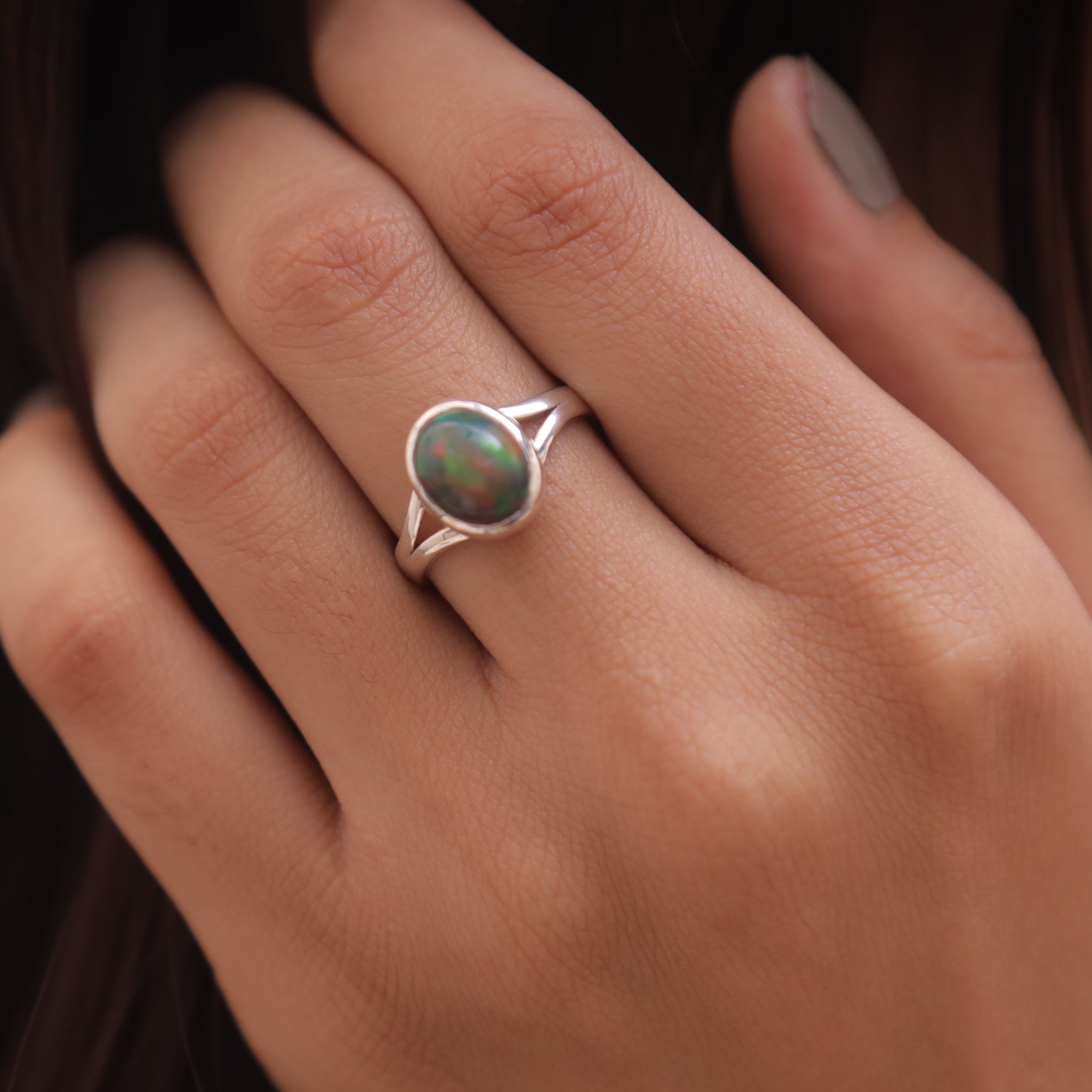 Black Opal Sterling Silver Ring