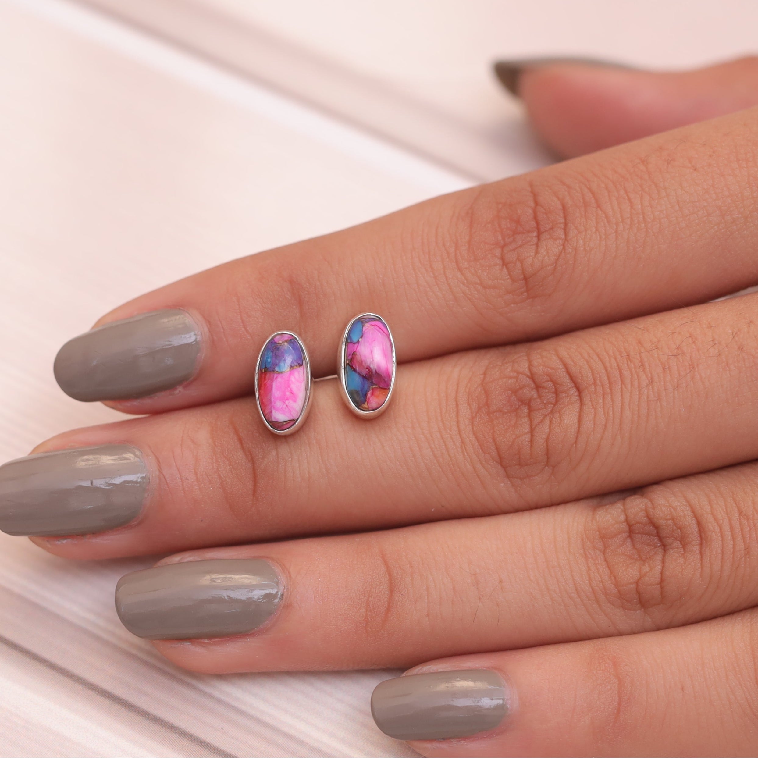 Pink Oyster Turquoise Sterling Silver Stud Earrings