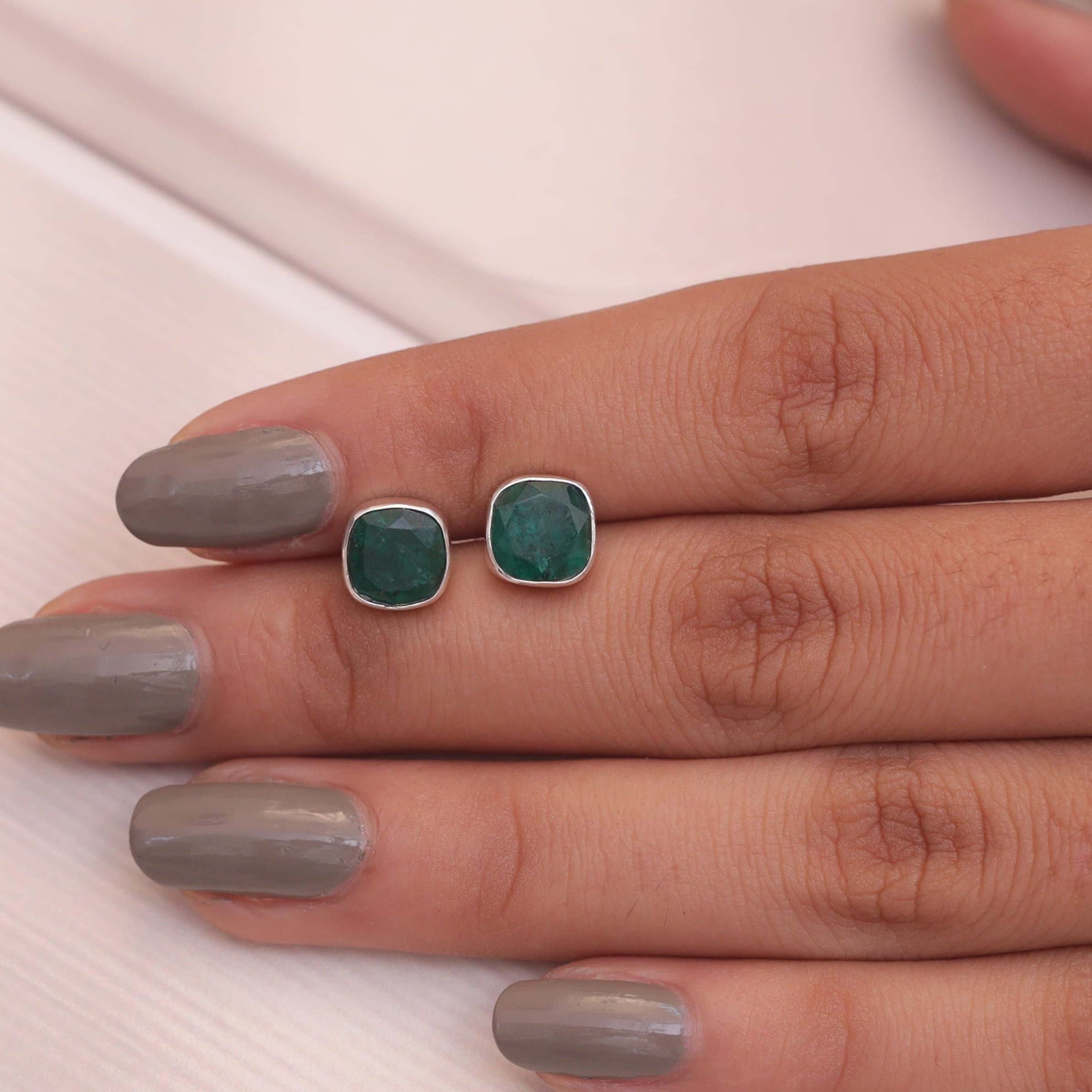 Cut Emerald Sterling Silver Stud Earrings