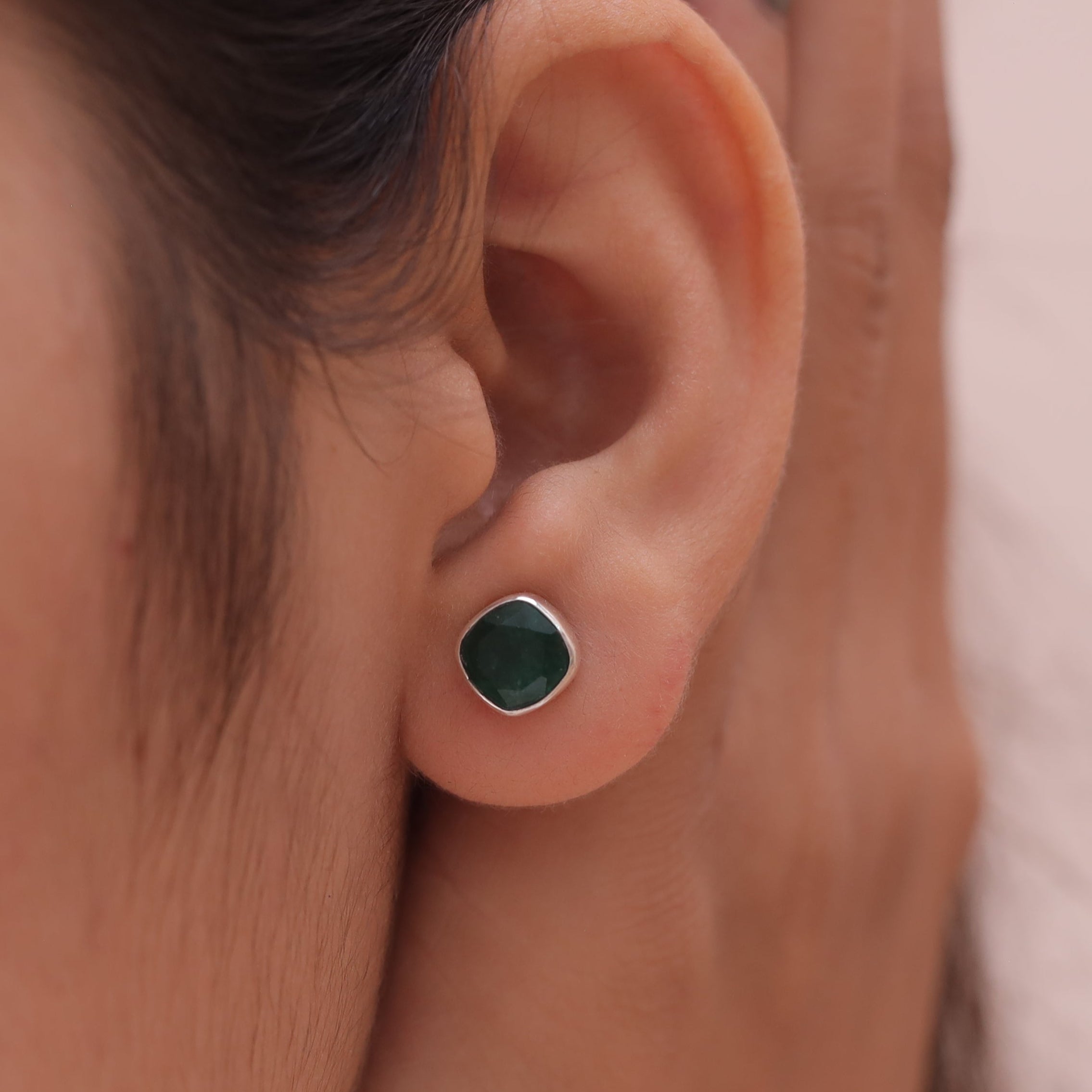 Cut Emerald Sterling Silver Stud Earrings