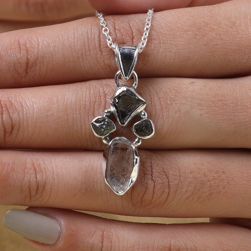 Moldavite, Shungite & Herkimer Diamond Sterling Silver Pendant