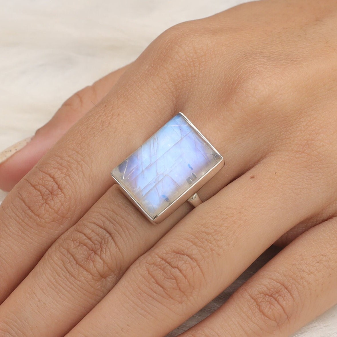 Rainbow Moonstone Sterling Silver Ring