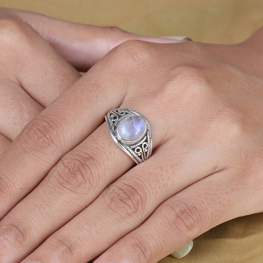 Rainbow Moonstone Sterling Silver Ring