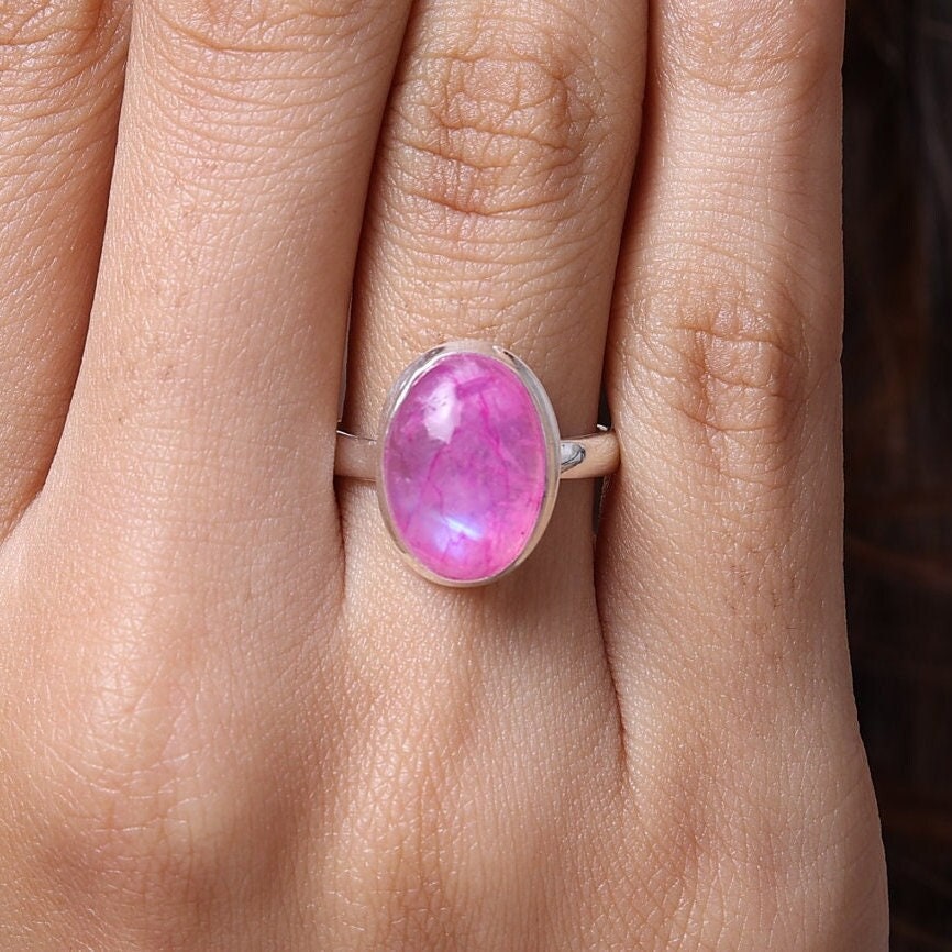 Pink Rainbow Moonstone Sterling Silver Ring