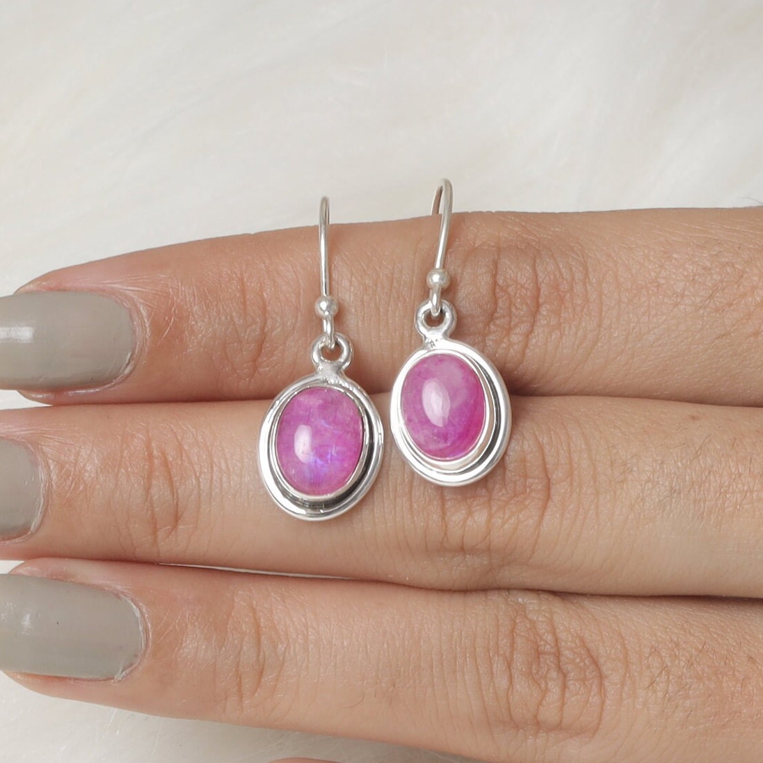 Pink Rainbow Moonstone Sterling Silver Earrings