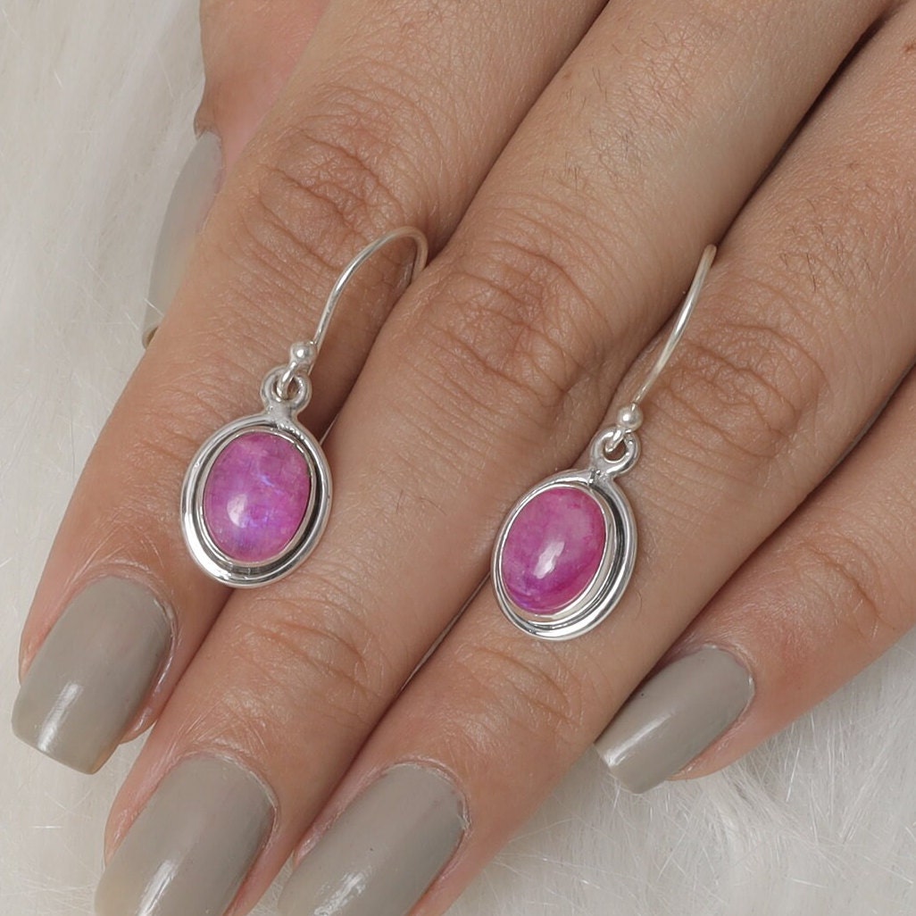 Pink Rainbow Moonstone Sterling Silver Earrings