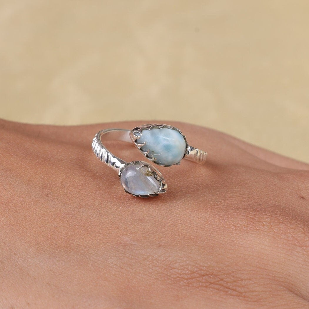 Dominican Larimar & Rainbow Moonstone 925 Sterling Silver Ring