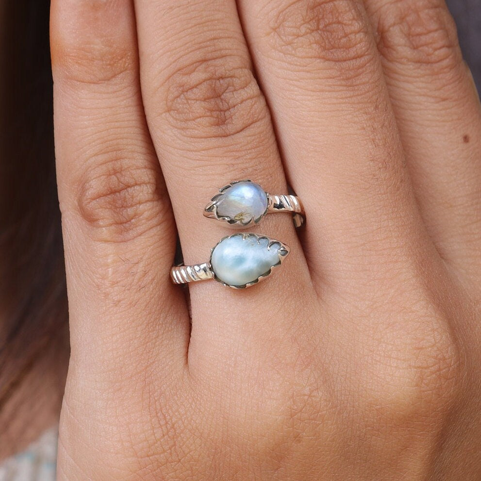 Dominican Larimar & Rainbow Moonstone 925 Sterling Silver Ring