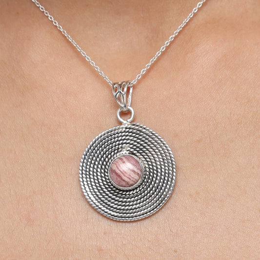 Rhodochrosite Pendant, 925 Sterling Silver Pendant, Round Shape Pendant, Gemstone Necklace, Handmade Women Jewelry, Anniversary Gift for Her