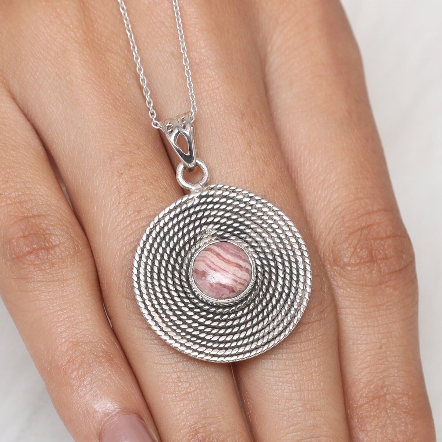 Rhodochrosite Pendant, 925 Sterling Silver Pendant, Round Shape Pendant, Gemstone Necklace, Handmade Women Jewelry, Anniversary Gift for Her