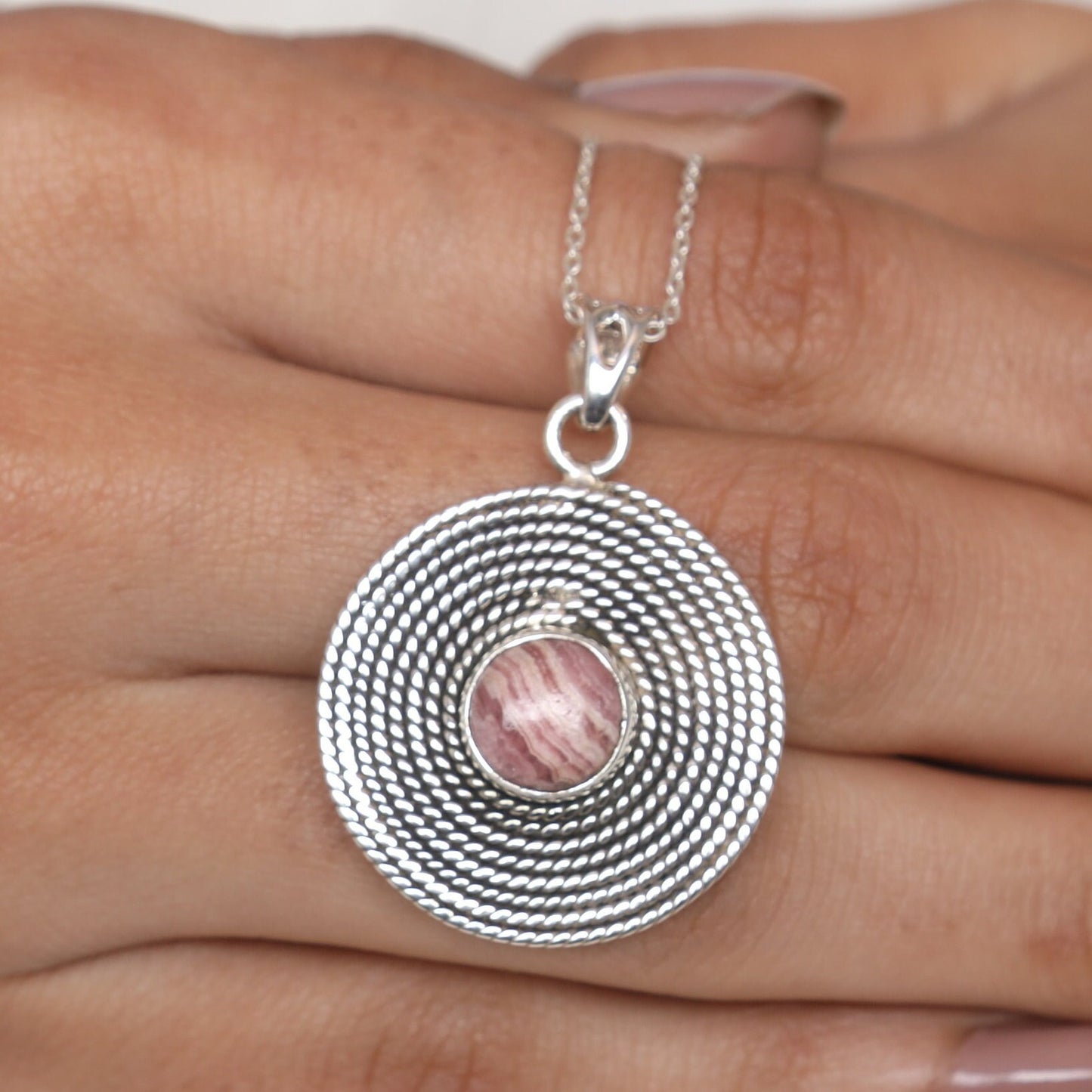 Rhodochrosite Pendant, 925 Sterling Silver Pendant, Round Shape Pendant, Gemstone Necklace, Handmade Women Jewelry, Anniversary Gift for Her