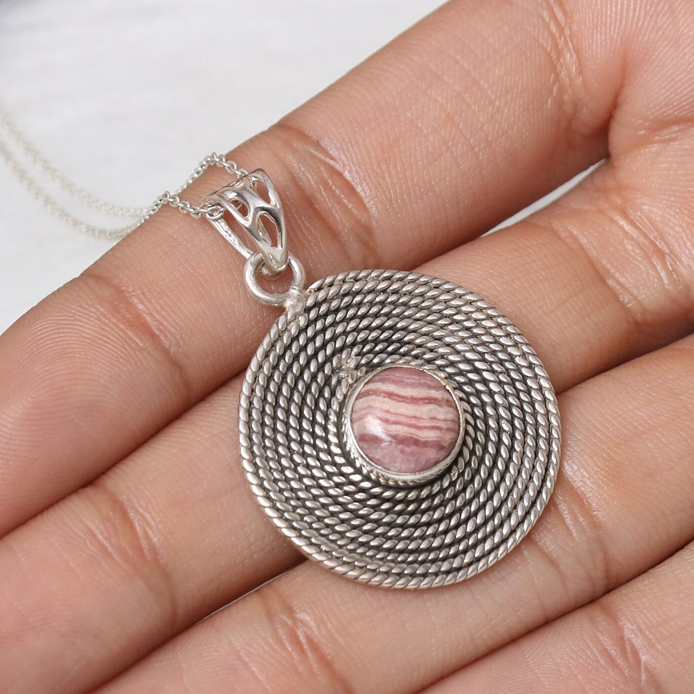 Rhodochrosite Pendant, 925 Sterling Silver Pendant, Round Shape Pendant, Gemstone Necklace, Handmade Women Jewelry, Anniversary Gift for Her