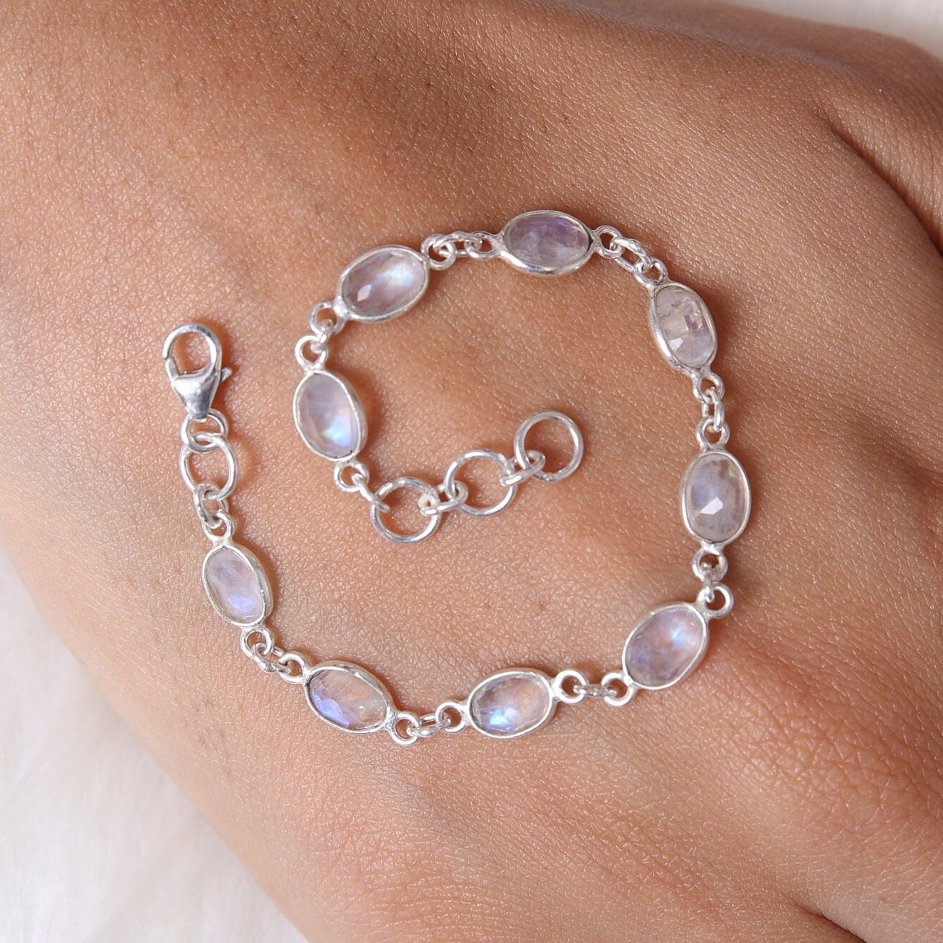 Rainbow Moonstone Sterling Silver Bracelet