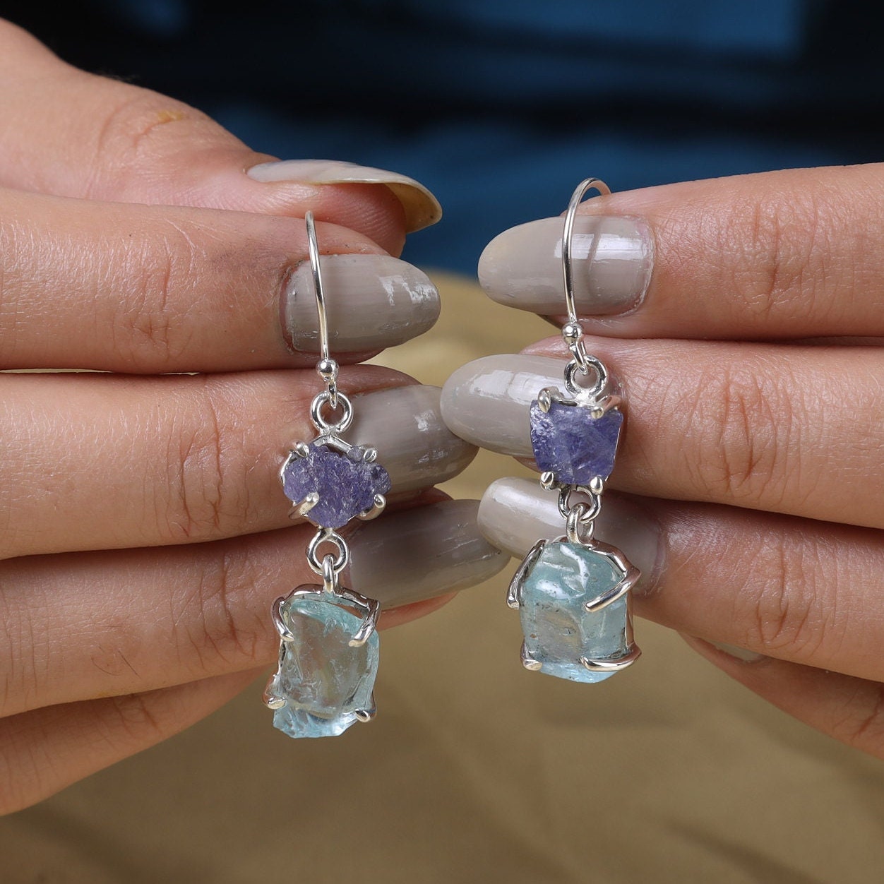 Aquamarine & Tanzanite Sterling Silver Earrings