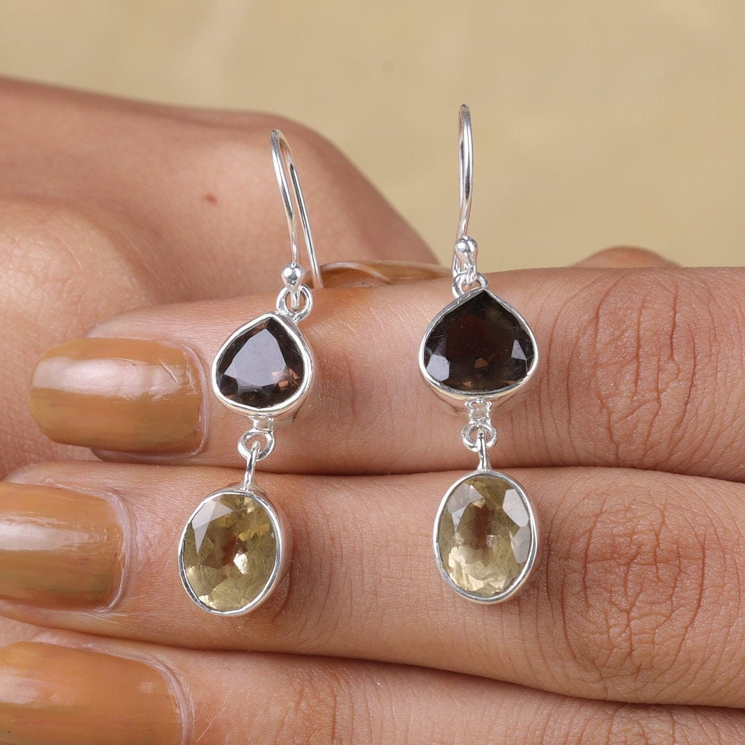 Citrine & Smoky Quartz Sterling Silver Earrings