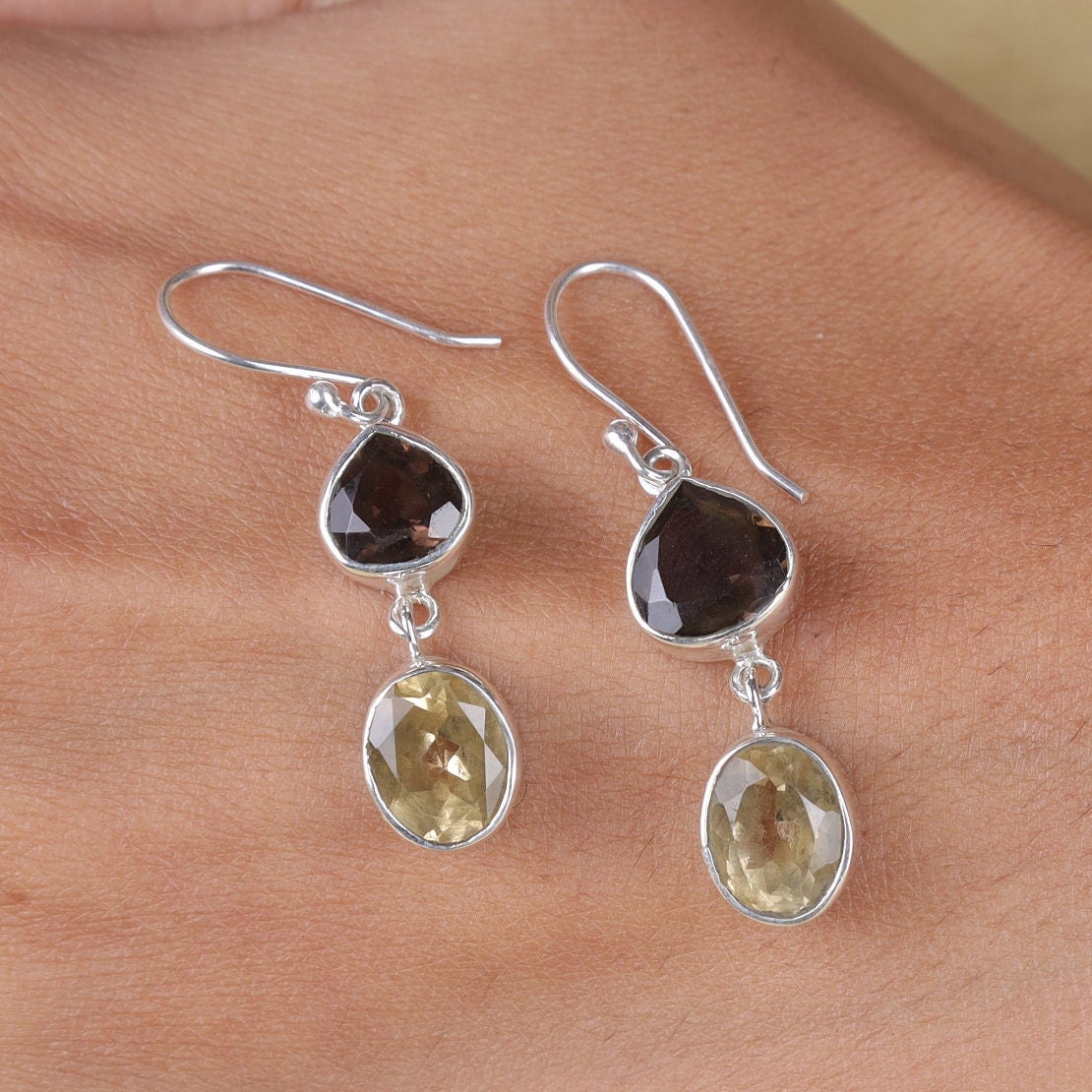 Citrine & Smoky Quartz Sterling Silver Earrings